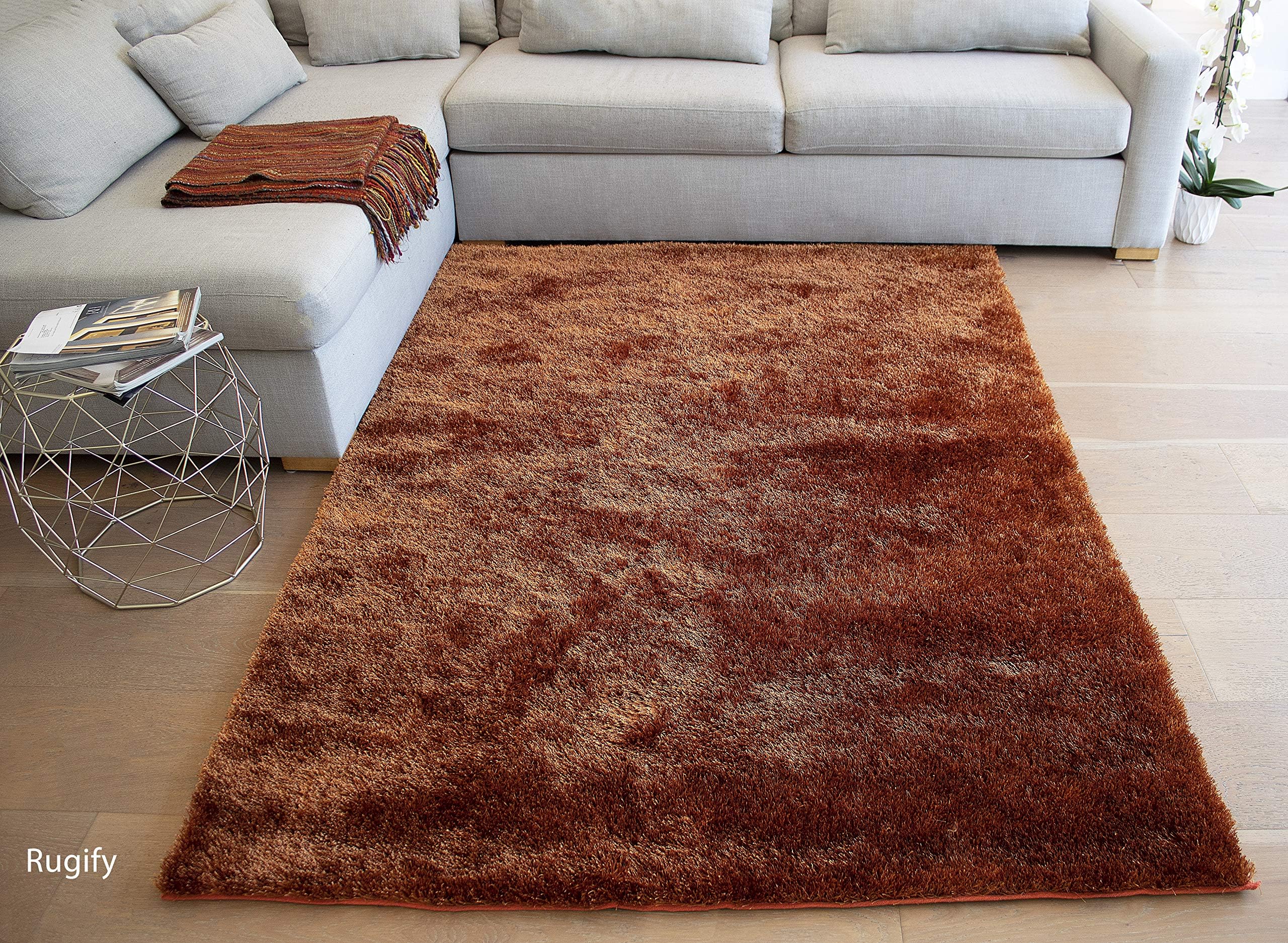 LA Shag Shaggy Rectangular Large Fluffy Plush Fuzzy Solid Furry Floor Soft Pile Scatter Solid Plush 5-Feet-by-7-Feet Polyester Made Area Rug Carpet Rug Orange Rust Color