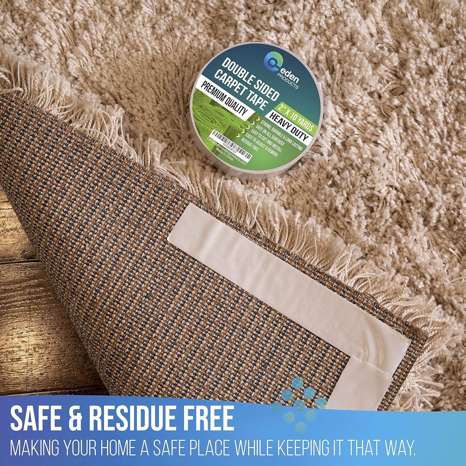 EdenProducts Double Sided Sticky Carpet Tape for Area Rugs, Carpets & Mats - Heavy Duty Multi Purpose Cloth Rug Gripper, Hardwood Safe & Removable - Indoors & Outdoors - 2" x 10 Yards, White - - 