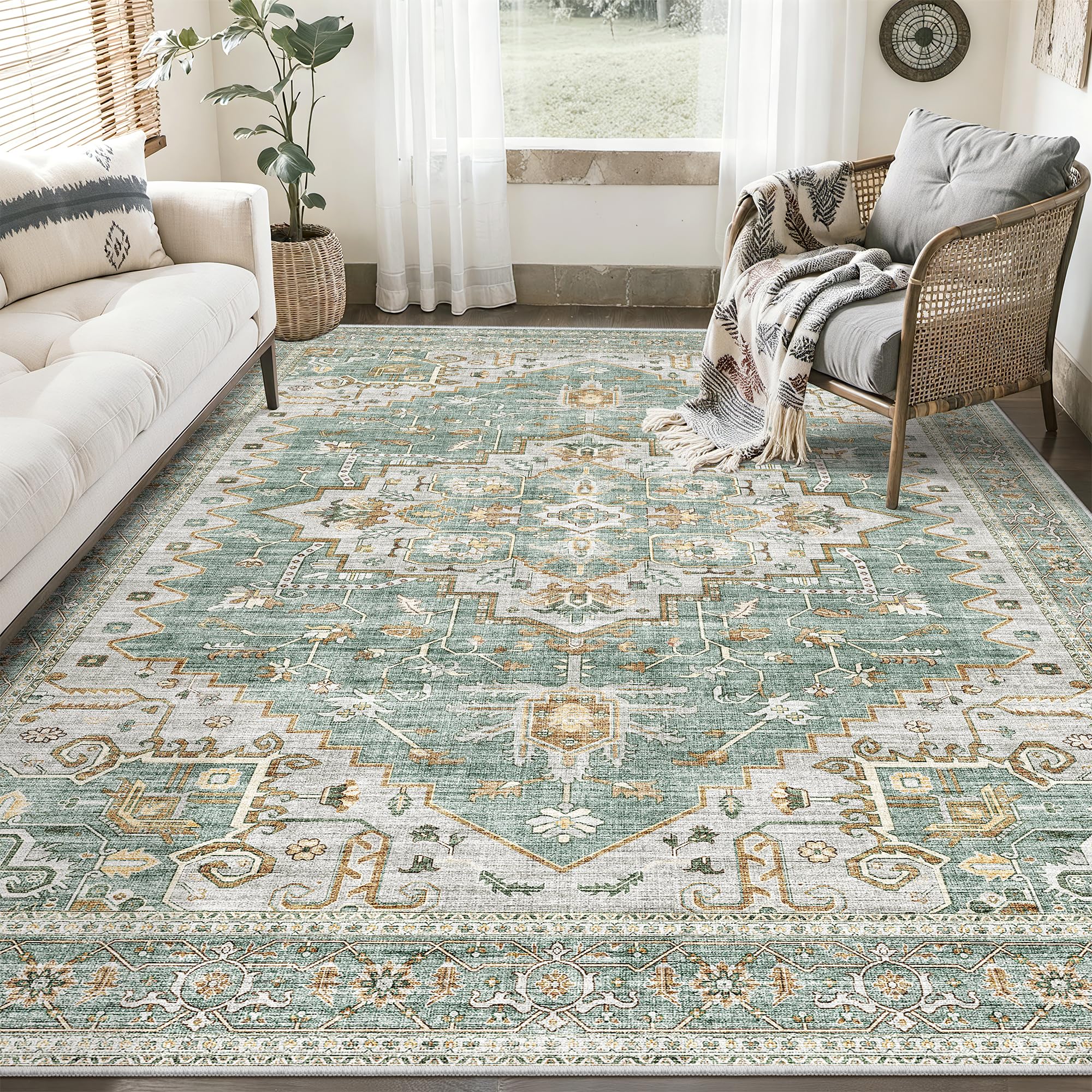 Photo 1 of Area Rugs for Living Room - 4x6, Boho Non-Slip Low Pile Carpet Machine Washable Rugs for Bedroom, Farmhouse, Office, Dining Room (Green)