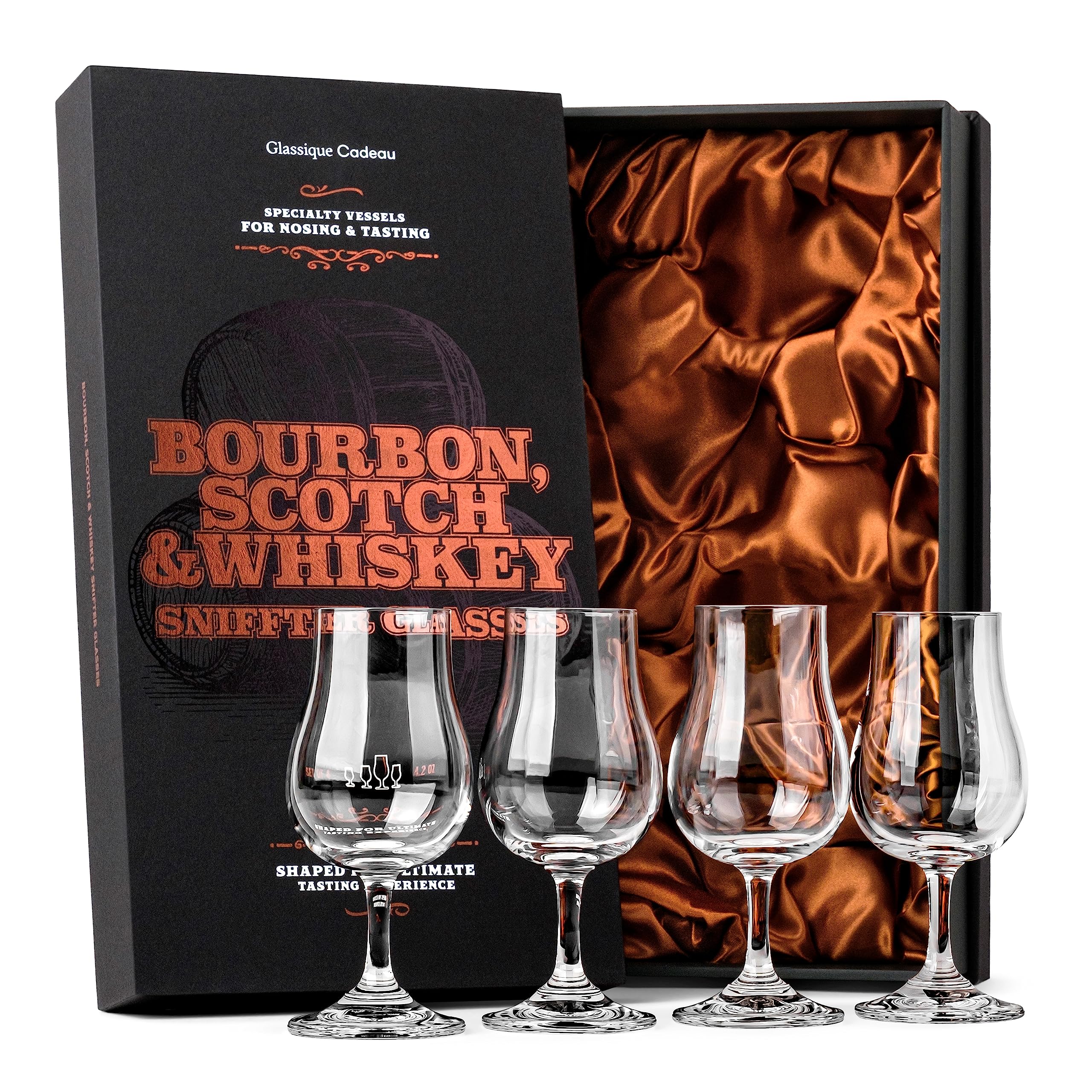 Whiskey, Scotch, Bourbon Tasting Glasses | Set of 4 Crystal Snifters | Professional 120 ml Tulip Shaped Nosing Copitas with Short Stem | Small Stemmed Gift Sniffers for Sipping Neat Liquor