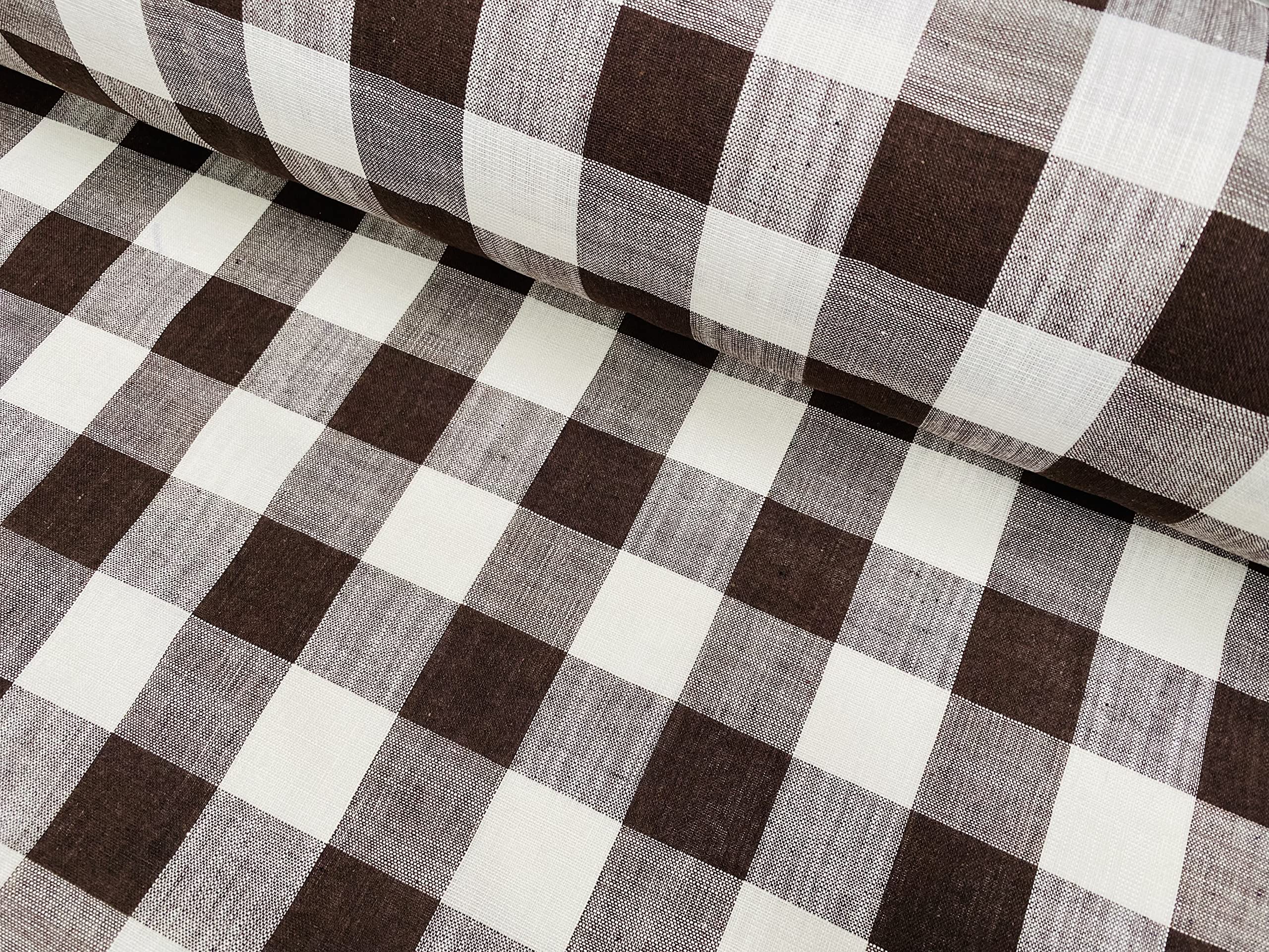Gingham Linen Checked Fabric Check Material Buffalo Plaid - Dressmaking, Curtains, Home Furnishing - 140cm Wide (Dark Brown & White, 2 METRES)
