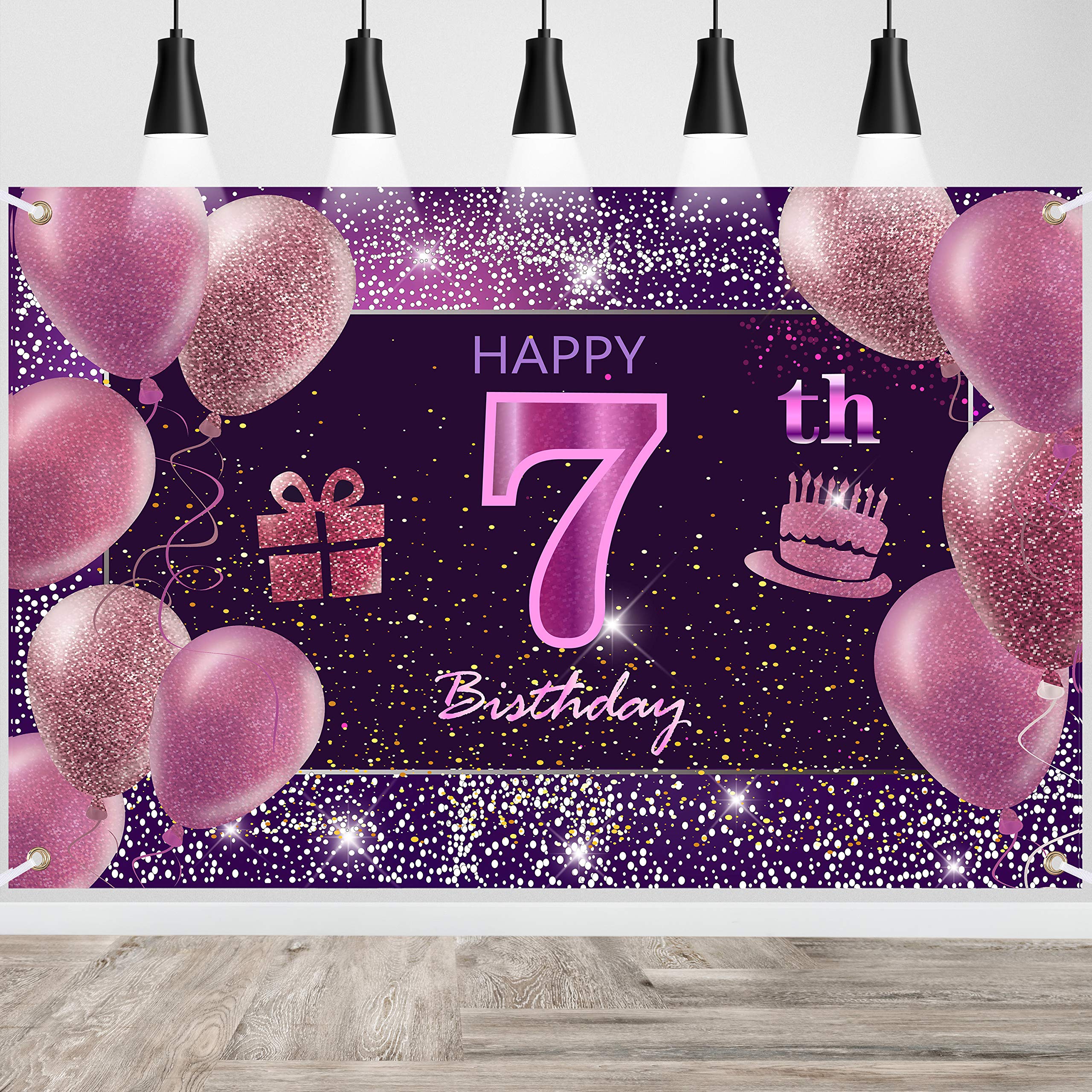 IMISI 7th Birthday Decorations - Happy Birthday Banner, Pink Backdrop for Party