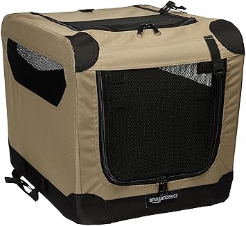 AmazonBasics Portable Folding Soft Dog Travel Crate Kennel - 15.5 x 15.5 x 21 Inches, Tan