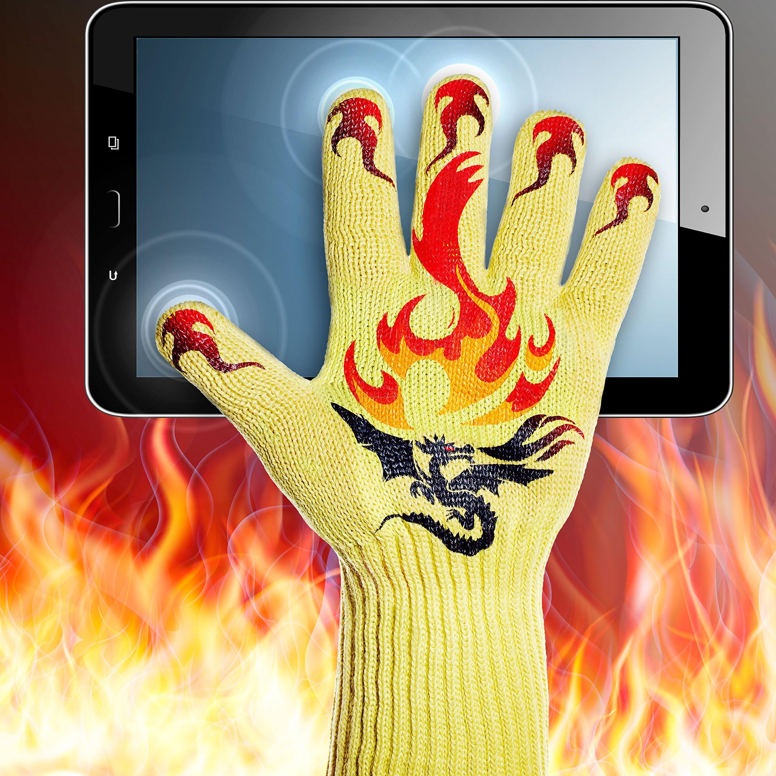 GRILL WITH NO FEAR! Oven BBQ Touch Screen Heat Resistant Cooking Gloves & Mitts for Grilling, Big Green Egg, Fireplace Accessories and Welding, Long, Perfect fit CUFF for Extra Forearm Protection