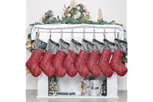 JEKOSEN Red Plaid Classic Christmas Stockings Set of 8 with Black Faux Fur Plush Cuff Traditional Hanging Xmas Stockings for Christmas Fireplace Decorations Socks 8 Pack