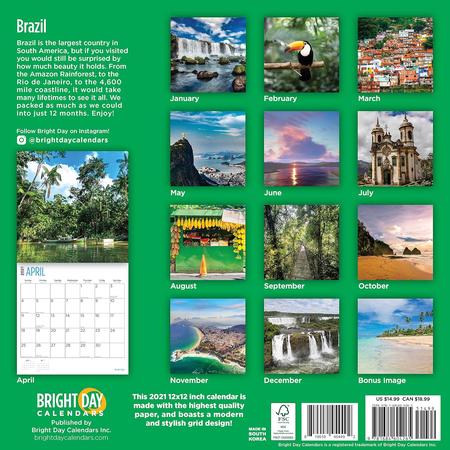 Amazon Com 2021 Brazil Wall Calendar By Bright Day 12 X 12 Inch Brasil Latin Beautiful Travel Destination Office Products