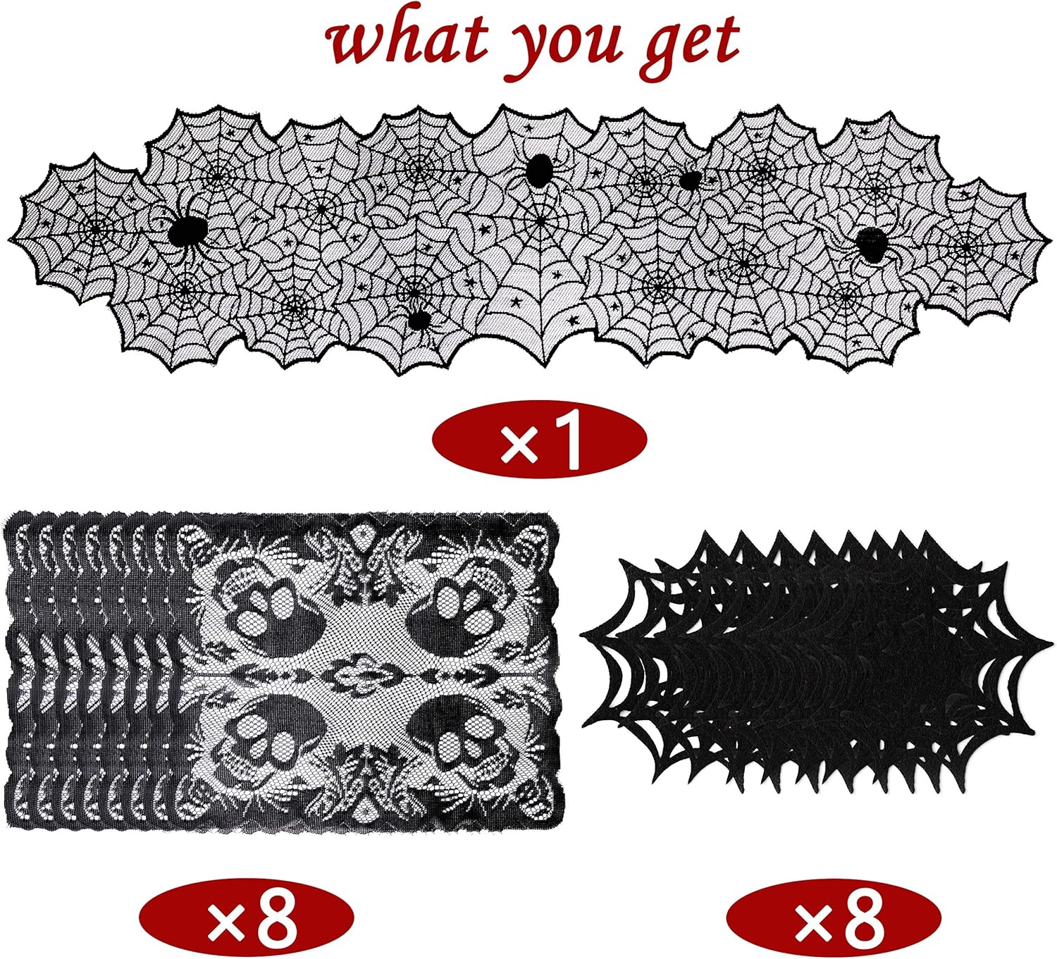 Halloween Table Decorations Set - Spider Web Table Runner/Skull Placemats/Spiderweb Cup Coasters- Desk Hallowmas Decor Party Supplies: Kitchen & Dining