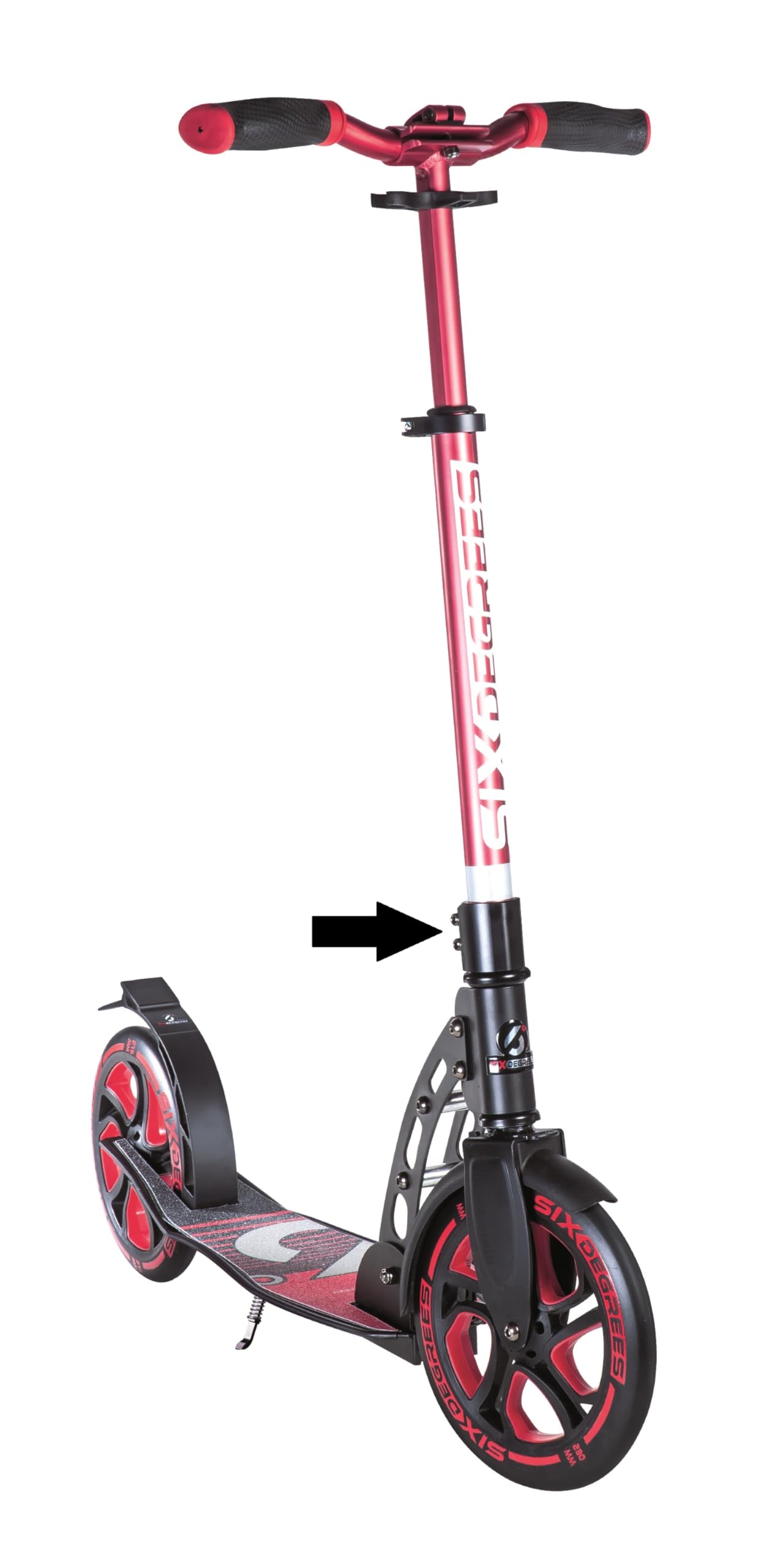 SIX DEGREES - Adult Kickscooter, Scooter, Height Adjustable, Ergonomic Handlebars, XL Deck, ABEC 7 Ball Bearings, Safety Reflectors (Red)