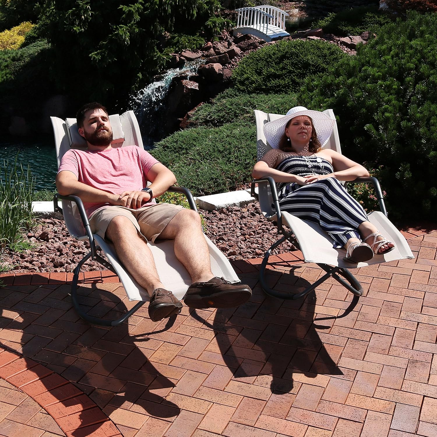 Sunnydaze Rocking Chaise Lounge Chair with Headrest Pillow, Outdoor Folding Patio Lounger, Beige, Set of 2: Kitchen & Dining