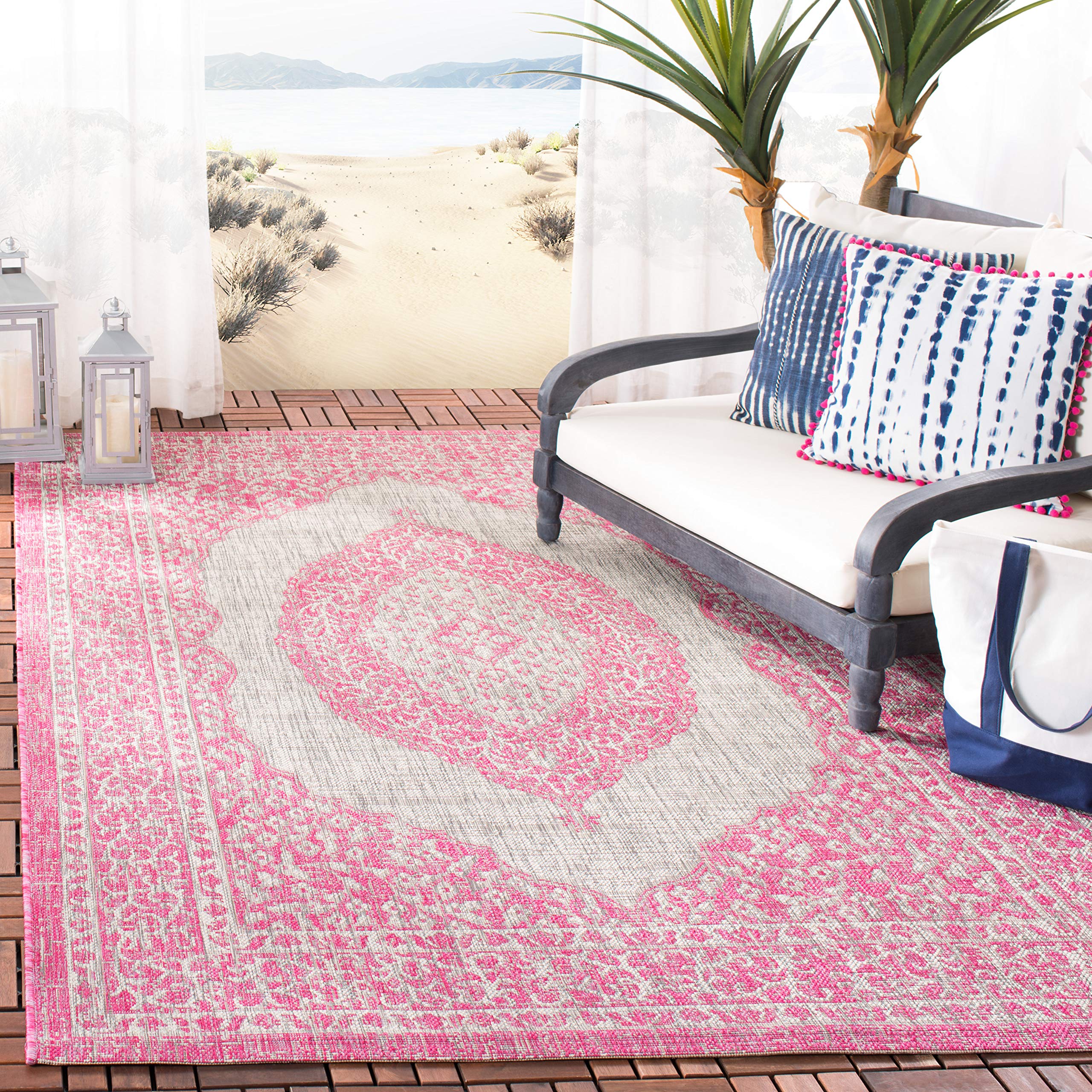 Safavieh Contemporary Indoor/Outdoor Woven Rectangle Area Rug, Courtyard Collection, CY8751, in Light Grey / Fuchsia, 79 X 152 cm for Garden, Patio or Any Outdoor Space