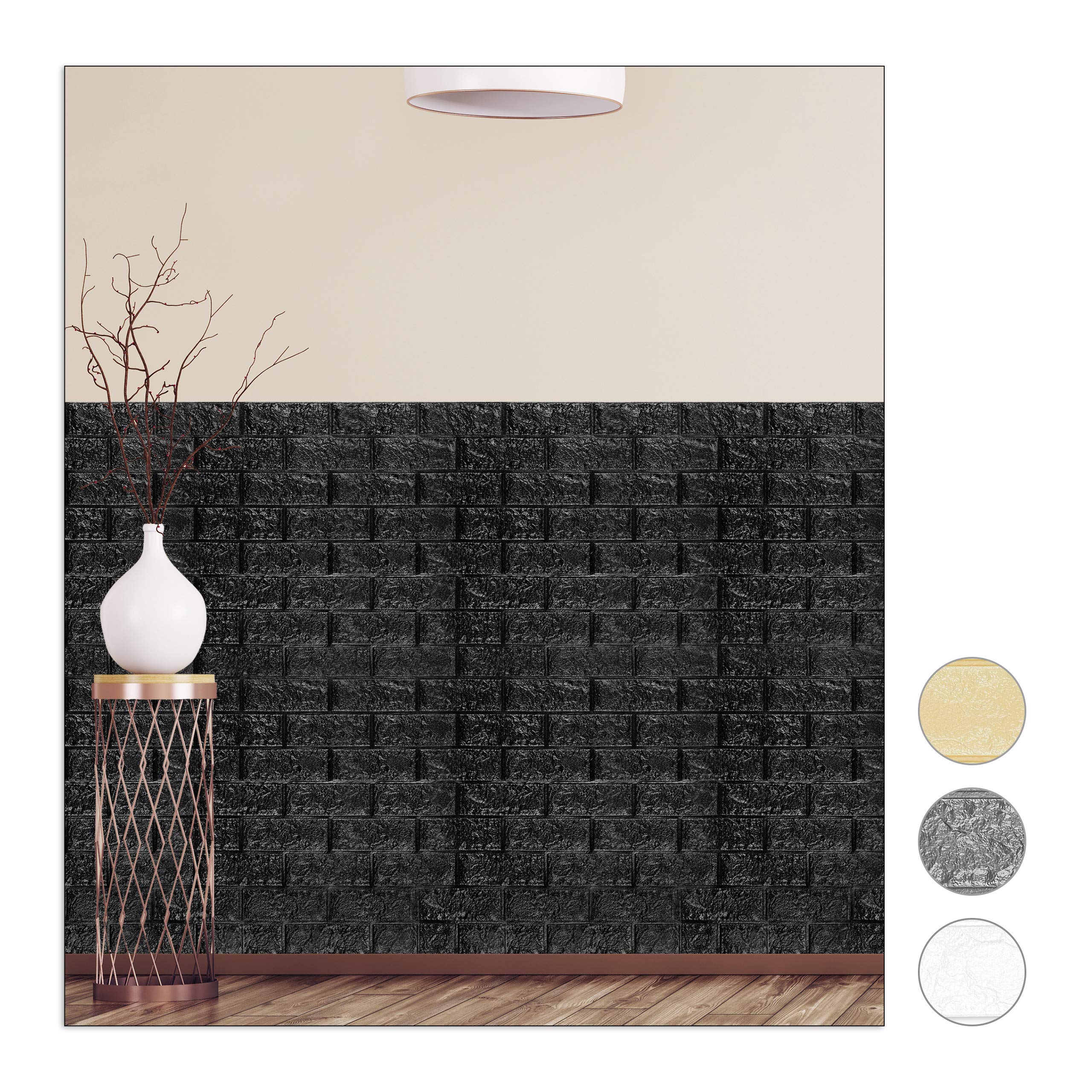 Relaxdays Wall Self-Adhesive, Decorative Stone Look, 3D Panel, Soft PE Foam, Set of 5, 78 x 70 cm, Black, 78 x 70 x 0.7 cm