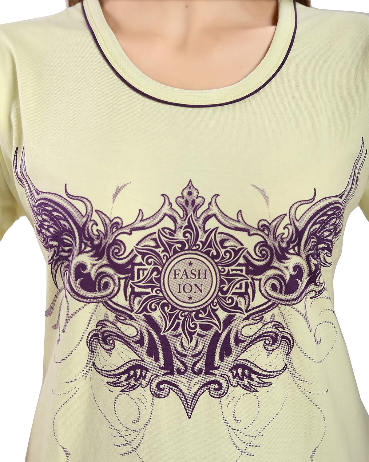 seemee yellow and purple polycotton top and bottom pyjamas nightsuit for women