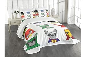 Ambesonne Superhero Bedspread, Bulldog Superheroes Fun Cartoon Puppies in Disguise Costume Dogs with Print, Decorative Quilted 3 Piece Coverlet Set with 2 Pillow Shams, Queen Size, White Green