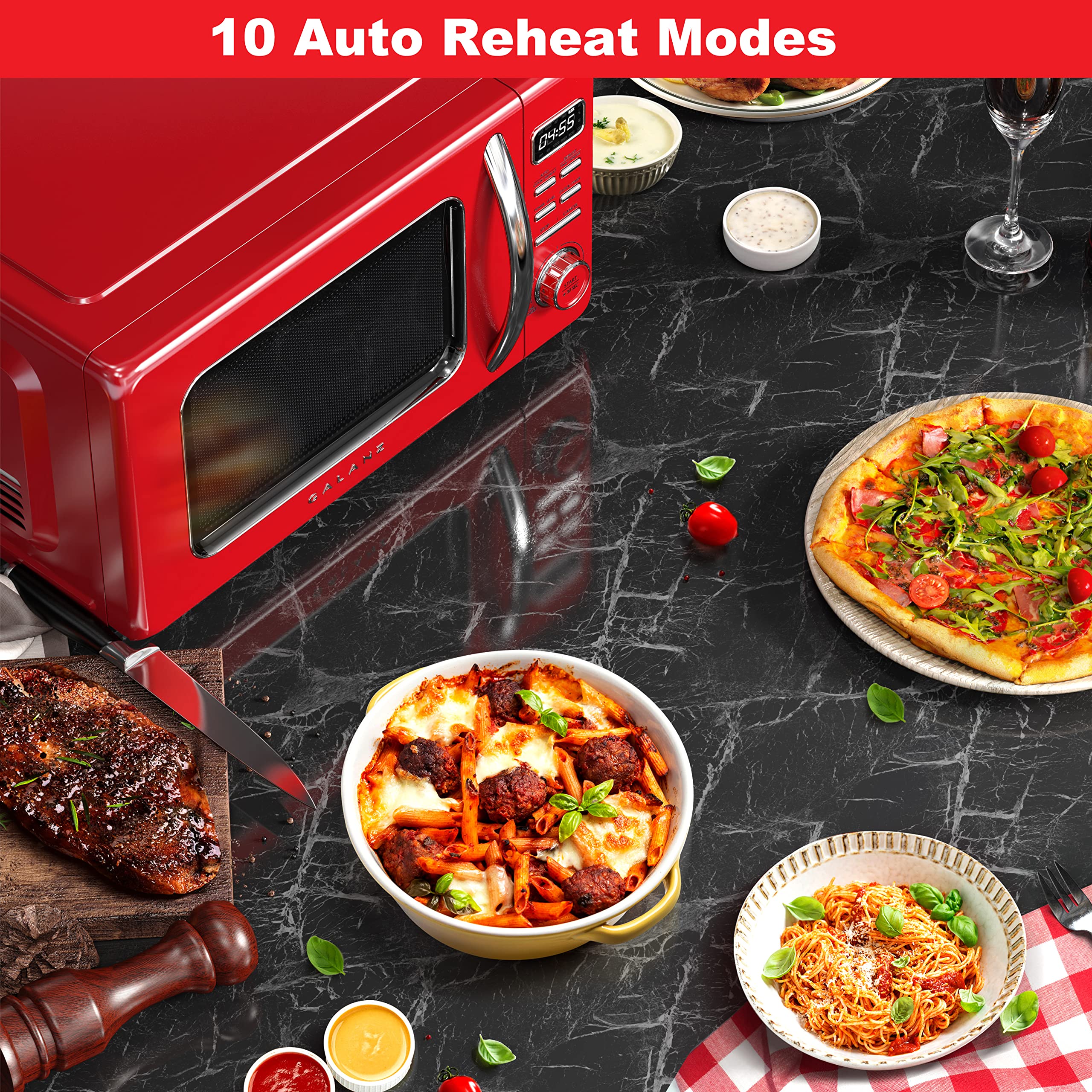 Galanz GLCMKZ09RDR09 Retro Countertop Microwave Oven with Auto Cook & Reheat, Defrost, Quick Start Functions, Easy Clean with Glass Turntable, Pull Handle, 0.9 cu ft, Red