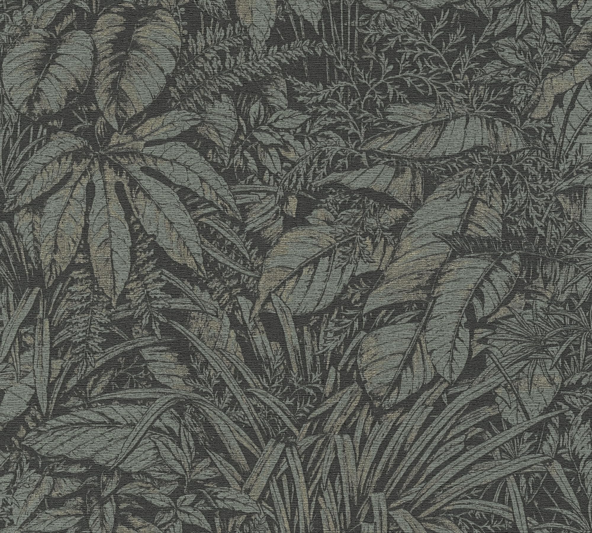 Livingwalls Wallpaper Green Black Jungle Wallpaper 395604 Non-Woven Wallpaper Floral with Subtle Metallic Effect in Silver Gold 10.05 m x 0.53 m