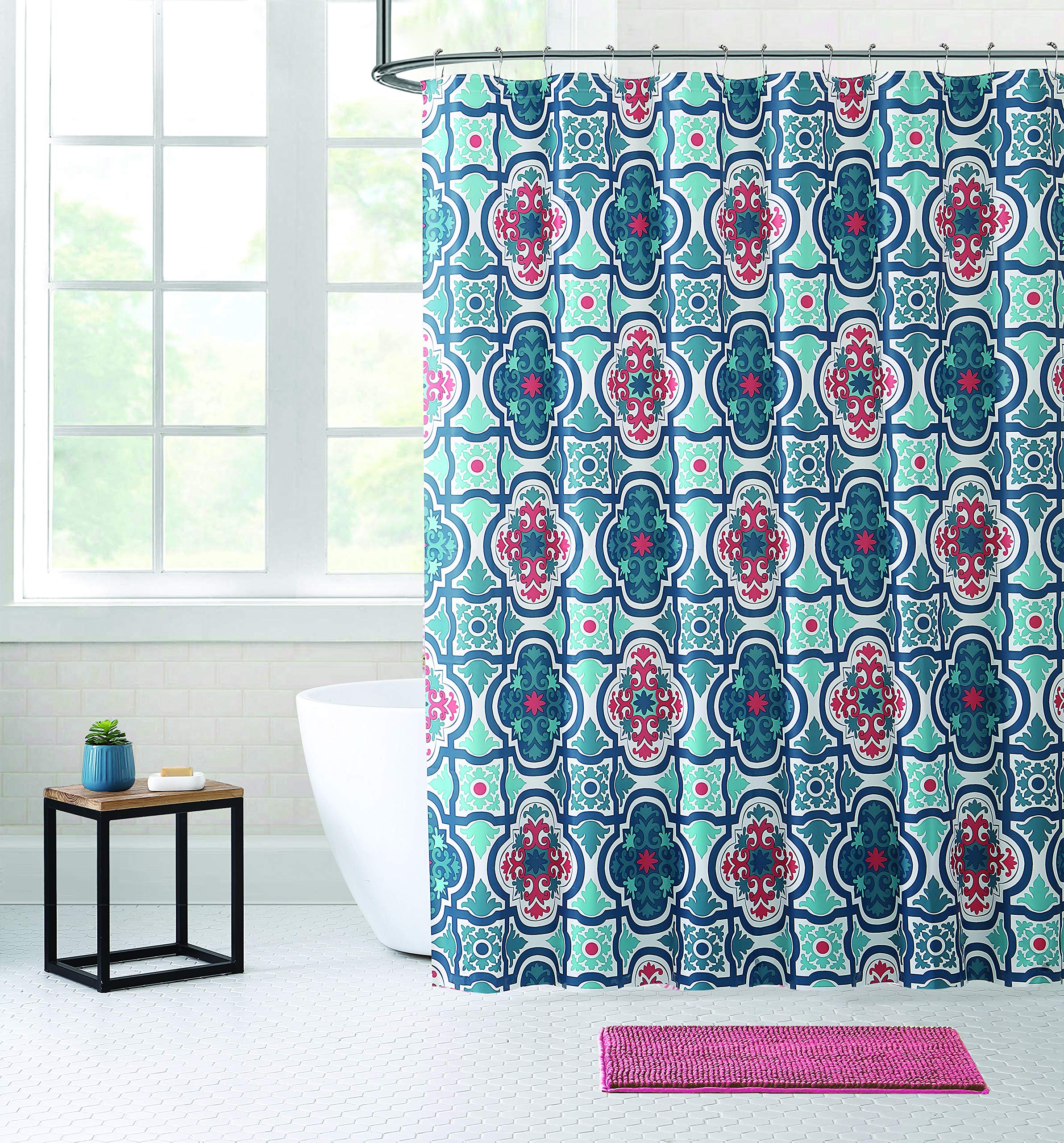 Bibb Home 14 Piece Shower Curtain & Anti-Slip Noodle Chenille Bath Rug Mat Set with 12 Metal Roller Hooks - Mildew Resistant Waterproof Water-Repellent & Antibacterial (Red Moroccan)