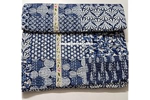 Sambhav Quilt Hub Blue Indigo Print Less Cotton Handmade Handblock Quilted Blanket Indian Cottodspread Kantha Indigo Print Beork Bohemian Bed Decor Block Throw Blanket Twin/King/Queen (60X90 inch)