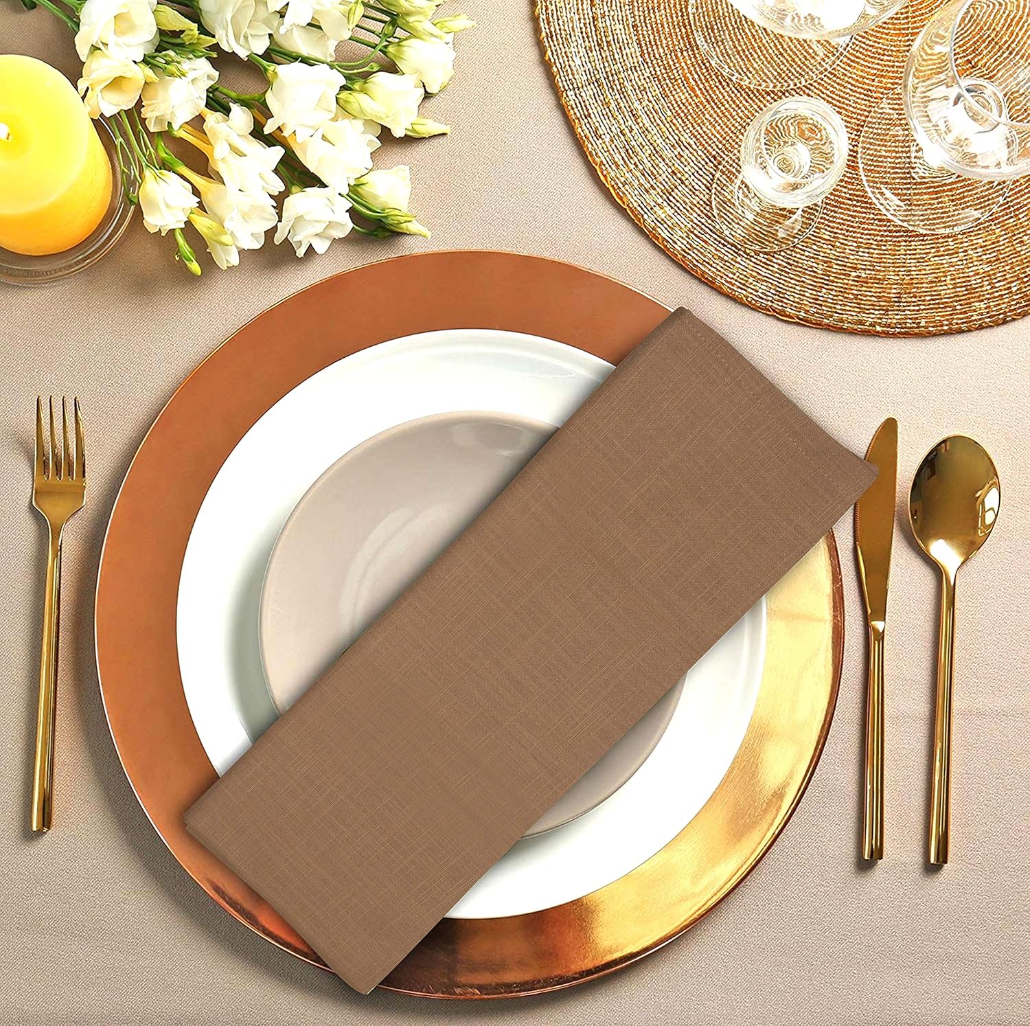Urban Villa Solid Slub Taupe Color Dinner Napkins Everyday Use Premium Quality 100% Cotton Set of 12 Size 20X20 Inch Over sized Cloth Napkins with Mitered Corners Ultra Soft Durable Hotel Quality: Kitchen & Dining