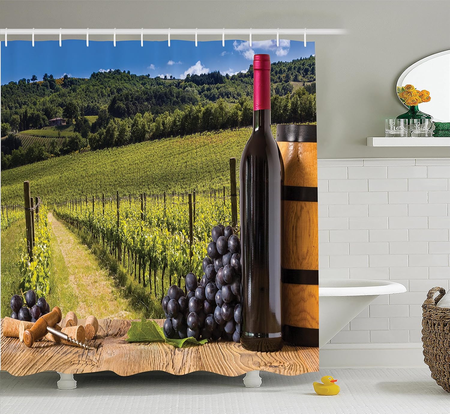 Ambesonne Winery Decor Shower Curtain Set, Red Wine Bottles
