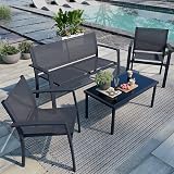 Shintenchi 4 Pieces Patio Furniture Set All Weather Textile Fabric Outdoor Conversation Set, with Glass Coffee Table, Loveseat, 2 Single Chairs for Home, Garden, Lawn, Porch(Gray)