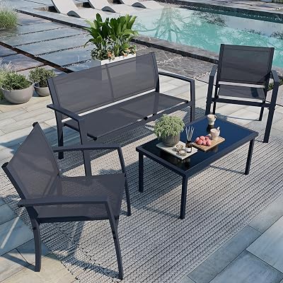Shintenchi 4 Pieces Patio Furniture Set All Weather Textile Fabric Outdoor Conversation Set, with Glass Coffee Table, Loveseat, 2 Single Chairs for Home, Garden, Lawn, Porch(Gray)