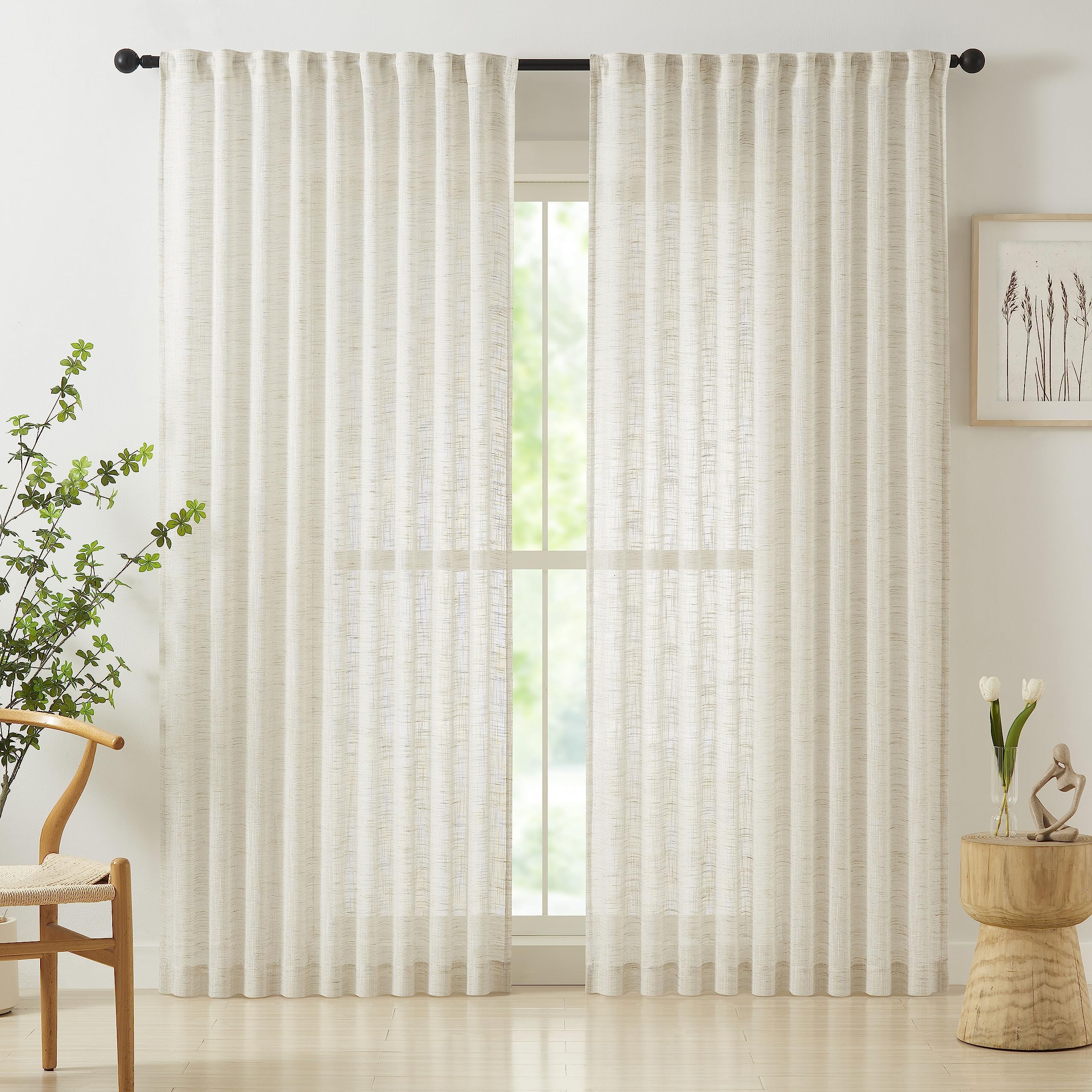 Linen Semi Sheer Curtains for Living Room 90inch Natural Farmhouse Curtain Panels for Bedroom Office Rustic Privacy Curtain Drapes for Kitchen Dining Room Pencil Pleat Beige 54"w 2 Panels