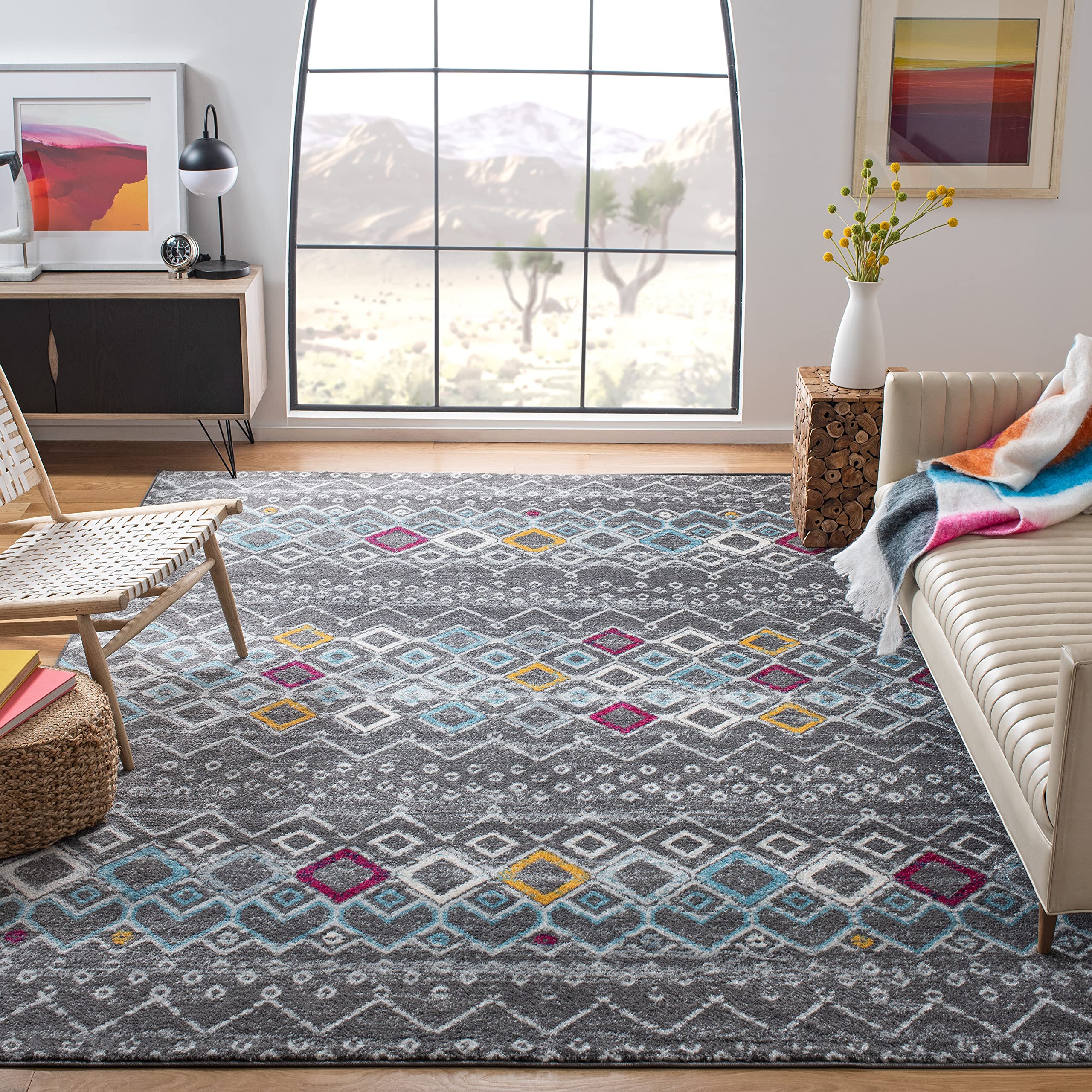 SAFAVIEH Amsterdam Collection Area Rug - 8' Square, Dark Grey & Ivory, Moroccan Boho Design, Non-Shedding & Easy Care, Ideal for High Traffic Areas in Living Room, Bedroom (AMS108H) Image