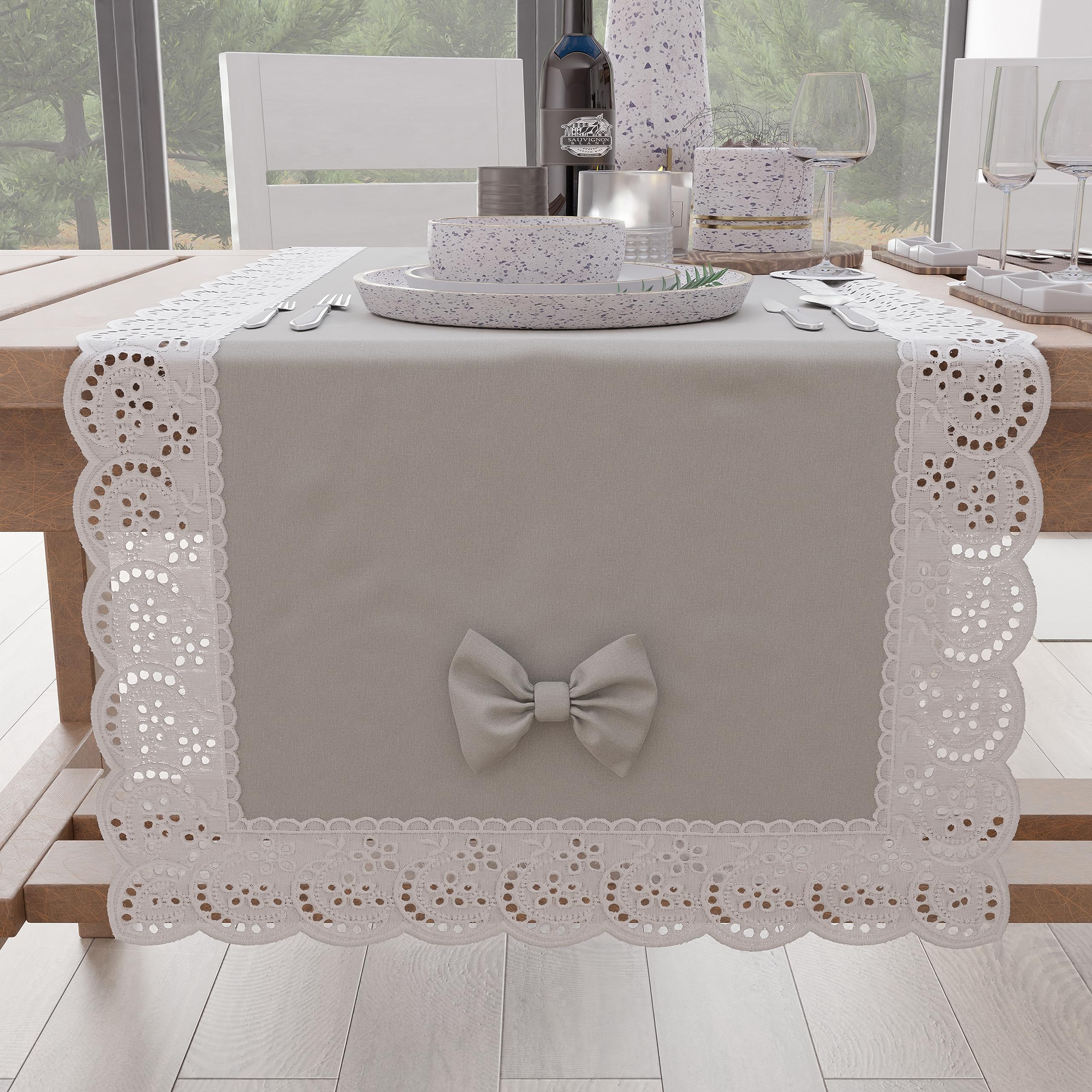 PETTI Artigiani Italiani - Table Runner, Kitchen Table Runner, Elegant Solid Colour Table Runner with Lace Frill and Bows, Cotton Runner, 40 x 140 cm, 100% Made in Italy