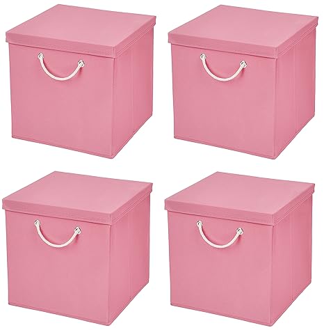 CM3 4 Stück Rosa Faltbox 30 x 30 x 30 cm Aufbewahrungsbox faltbar mit Kordel und mit Deckel