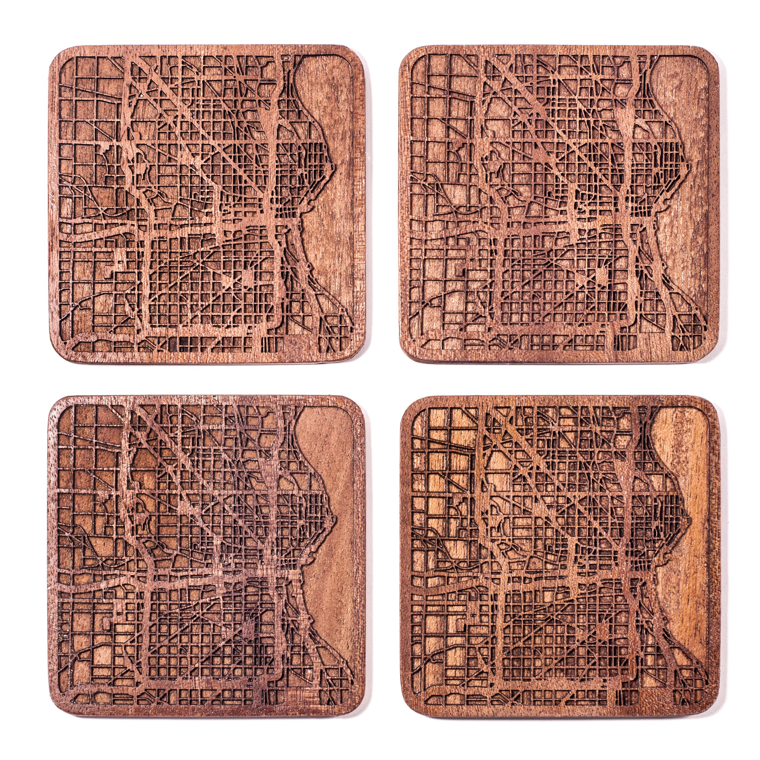 Milwaukee Map Coaster, Set of 4, Sapele Wooden Coaster with City Map, Handmade