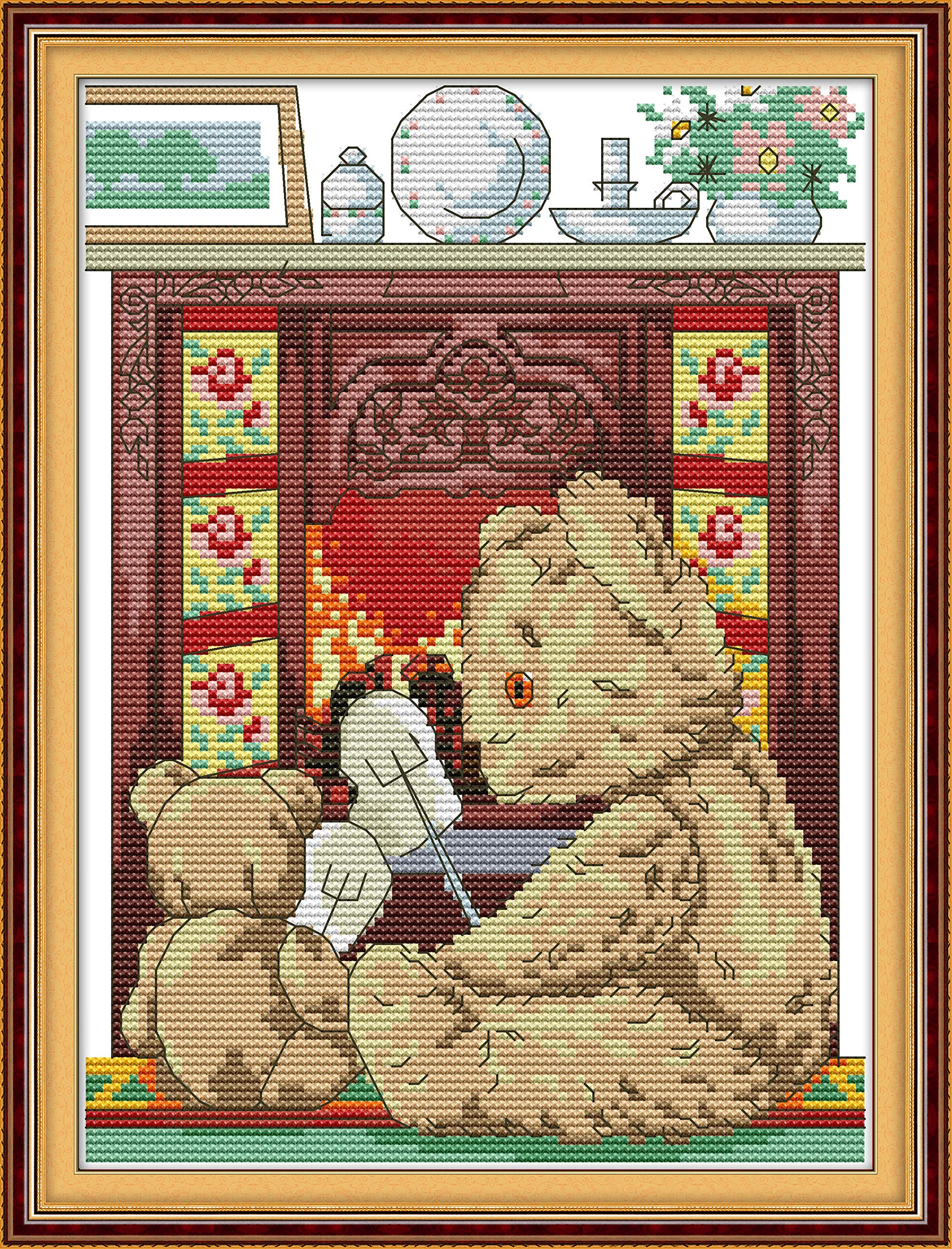 OWN4B Cross Stitch Kits Stamped, Bear Mom and Little Bear Printed Pattern 11CT 10.6x15.0 inch DIY Embroidery Kit