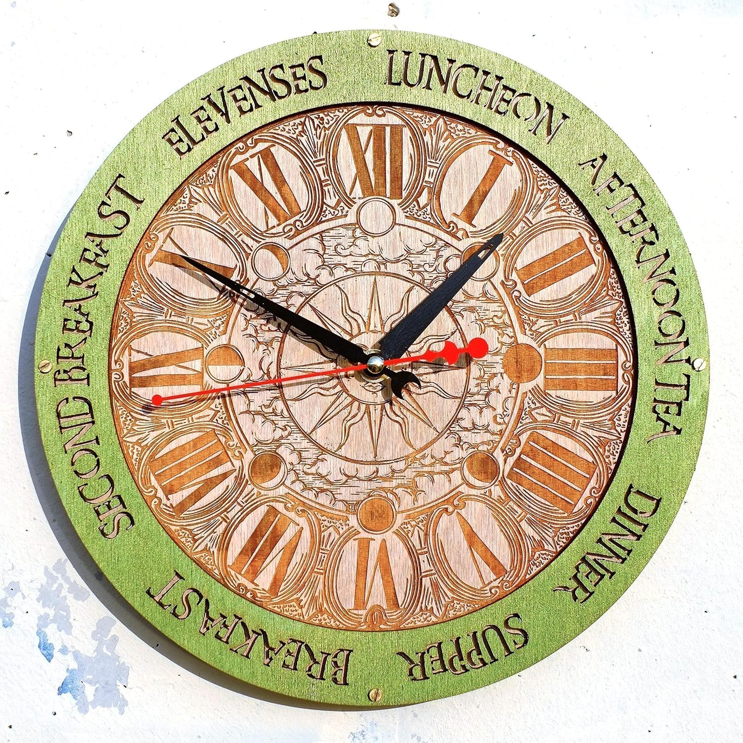 Meal Times Sun And Moon Green Unique Kitchen Wooden Wall Clock