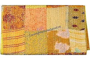 Boho Sanskriti Indian Silk Patchwork Kantha Quilts Queen Twin Size Patola Bedspread Throws Bedding Comforter Hand Quilted Blankets Premium Bohemian Bed Cover for Sale- Mix Yellow Color Shades Patches