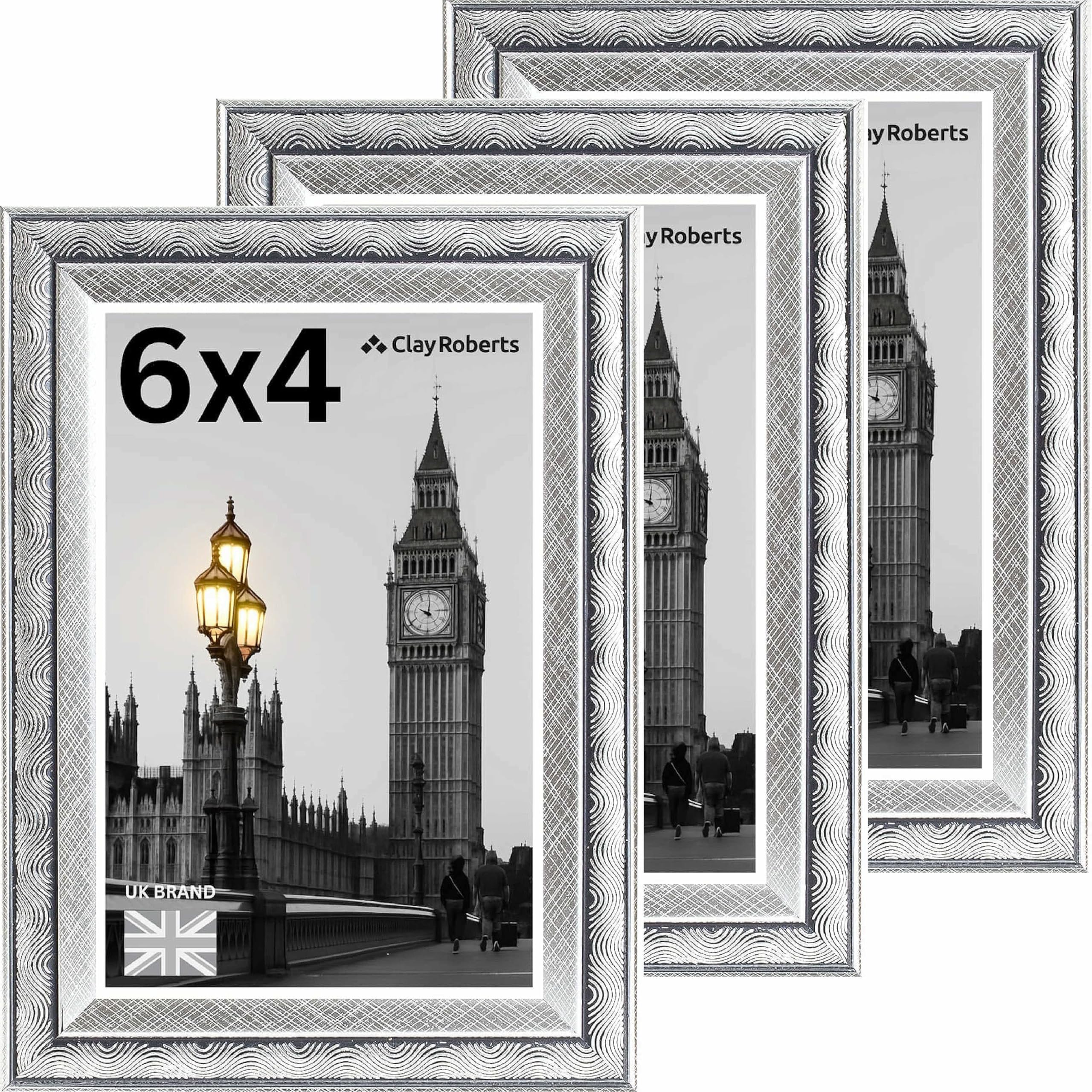 Picture Frame 6 x 4, Silver Swirl, Pack of 3, Freestanding and Wall Mountable, 10 x 15 cm, 6x4 Picture Frames, Silver 6x4 Photo Frames, 4x6 Photo Collage Gallery Display