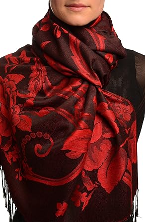 Large Burgundy Red Roses on Black Pashmina feelwith tassels scarf