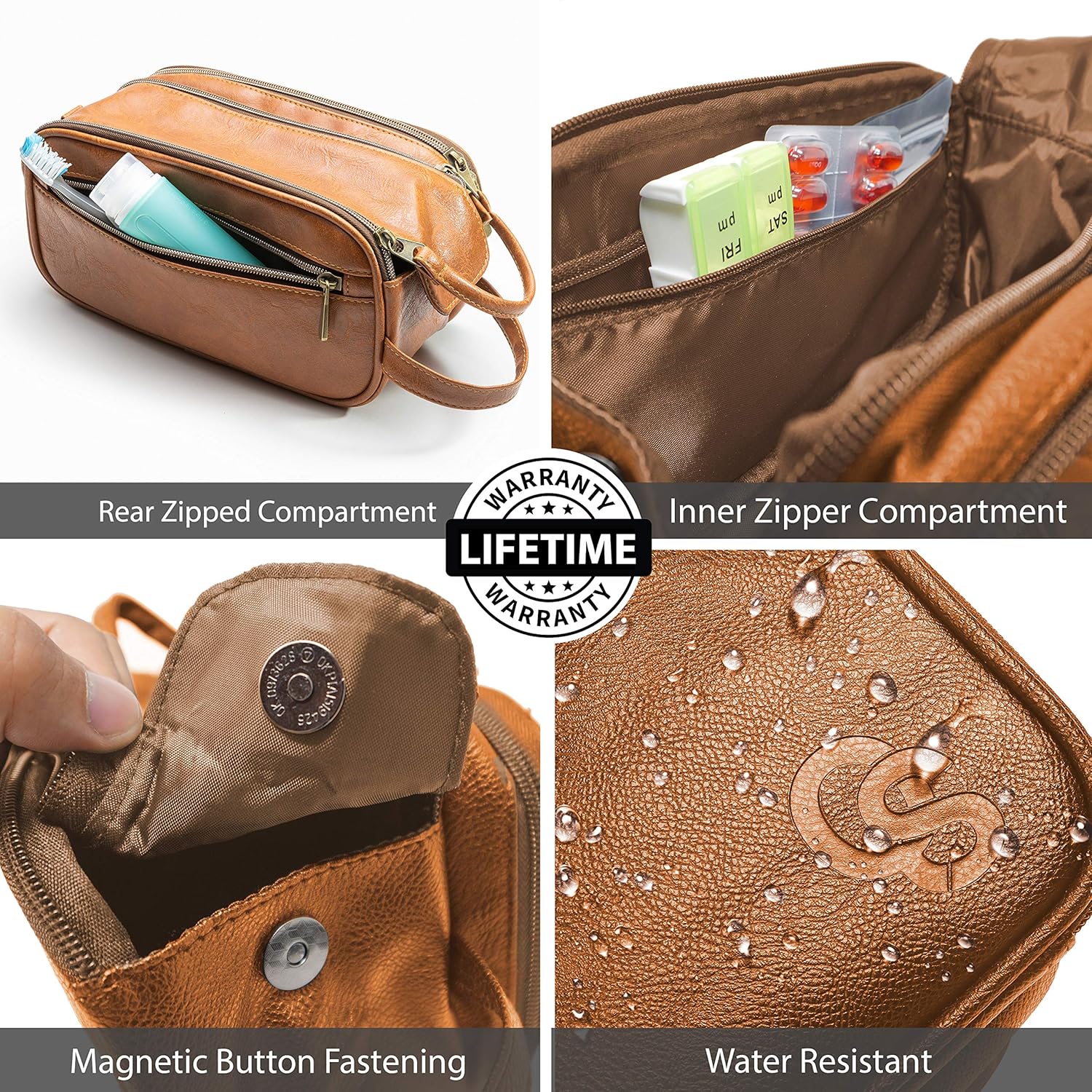 Toiletry Bag for Men or Women - Dopp Kit For Travel. Large Cosmetic and Shaving Bag. Toiletries Organizer PU Leather Bags (Standard, Brown) : Beauty