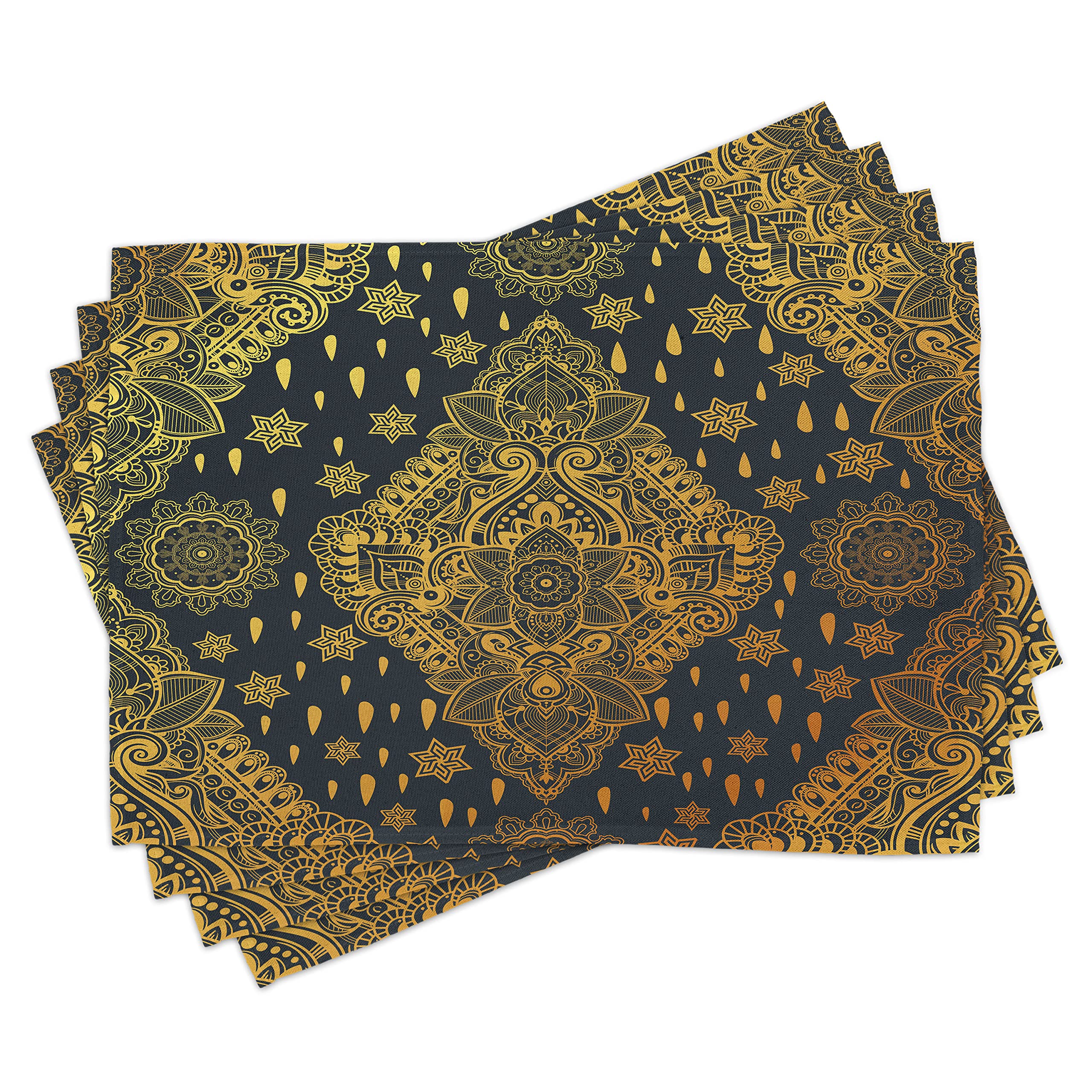 ABAKUHAUS Mandala Place Mats Set of 4, Boho Paisley Folklore, Washable Fabric Placemats for Dining Room Kitchen Table Decor, Charcoal Grey Mustard