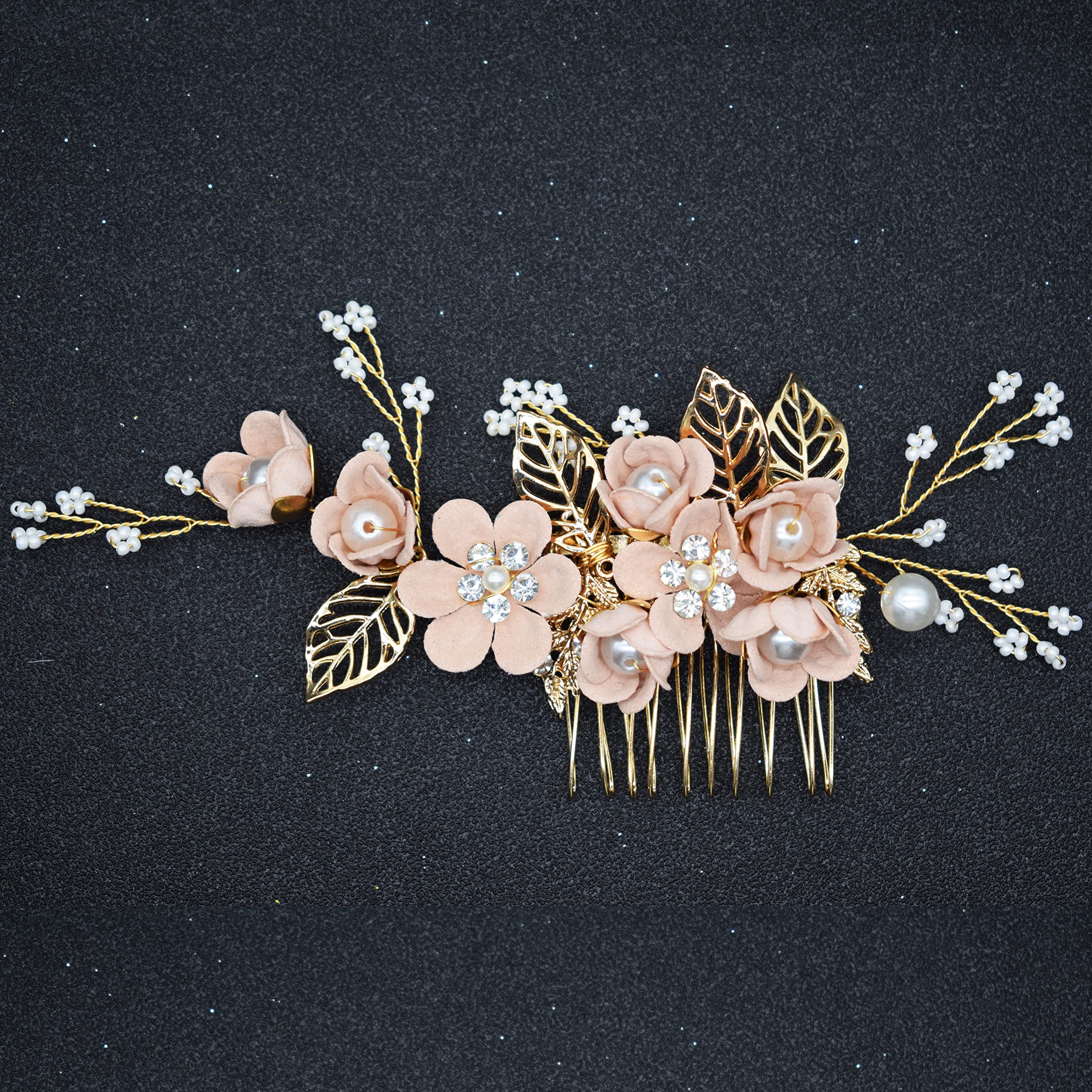 Wedding Hair Accessories, Fanvoes Hair Pieces Comb for Bride Bridal - Gold Headpiece Barrette w/Handmade Pink Flower Ivory Pearl Rhinestone