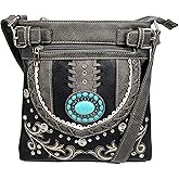 Justin West Tooled Gleaming Turquoise Stone Floral Laser Cut Rhinestone Messenger Bag Purse with Long Cross Body Strap