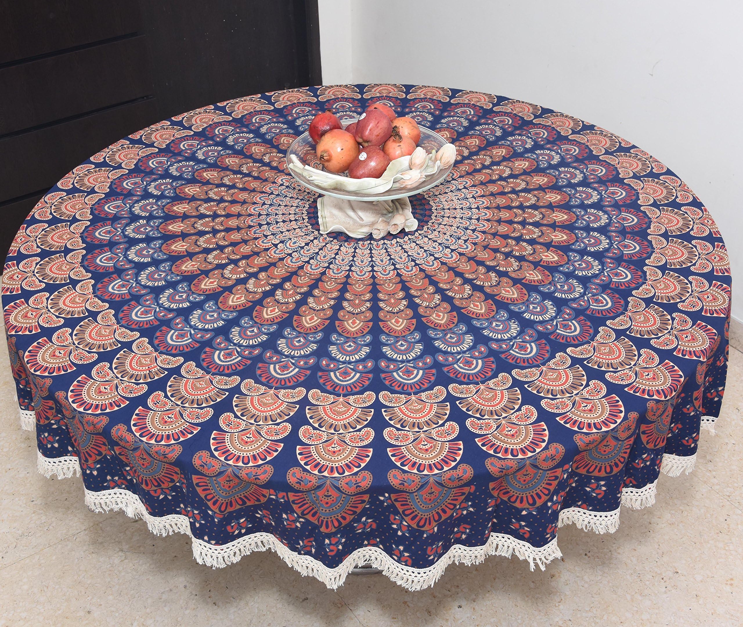 Indian 100% Cotton Printed Table Cover 78", Round Table Cloth Hippie Mandala Roundie Hippie Spread Boho Gypsy Cotton Table Cloth Blue Mirchikali Napthol mandala Round Roundie Beach Throw