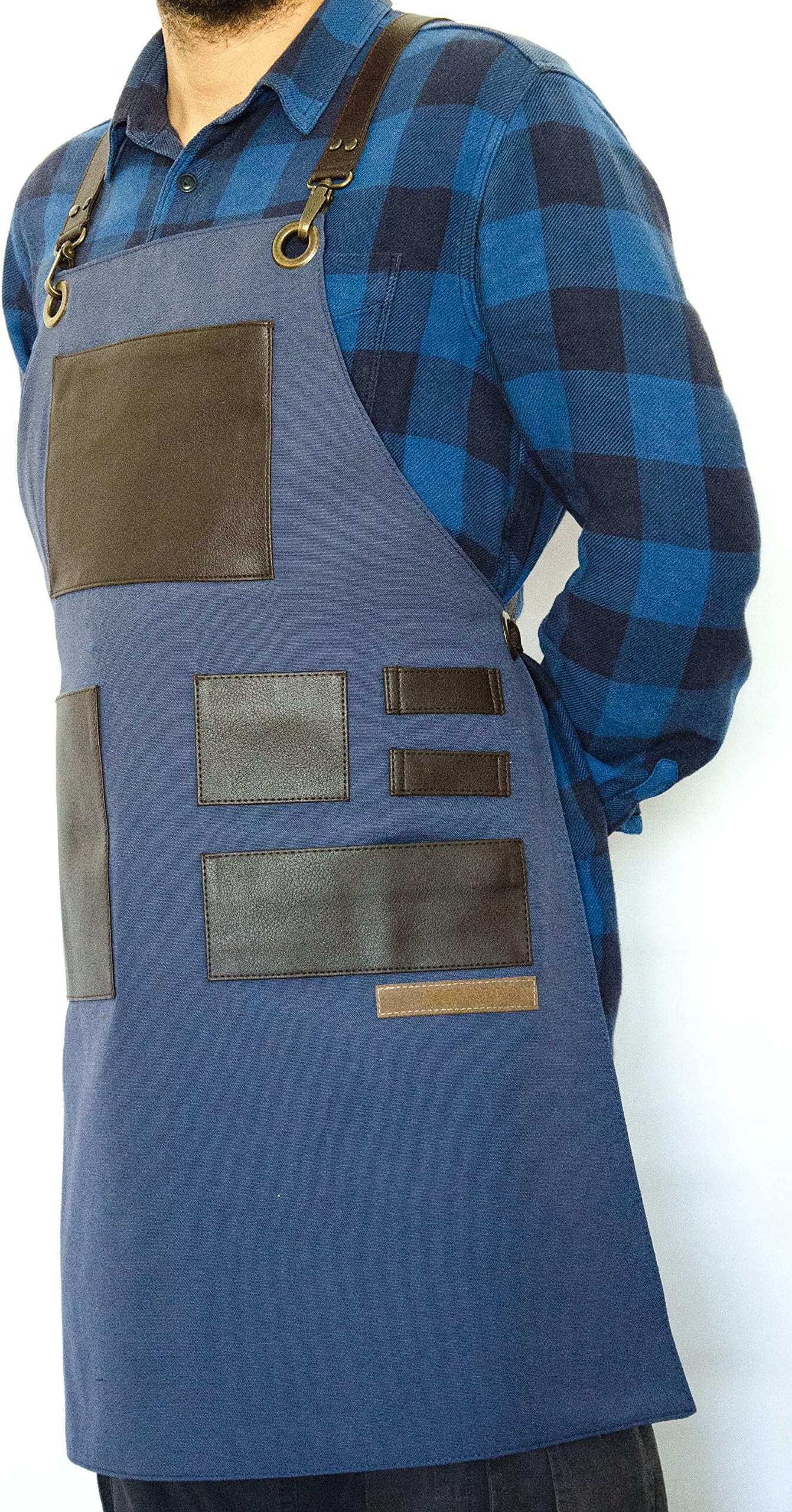 Leonardo K Artificial Leather Apron (Blue) - Men and Women - Workshop, Carpenter, Catering, Barber, Tattoo, Barista, Bartender, Baker, Hair Stylist, Washable, Water resistant.