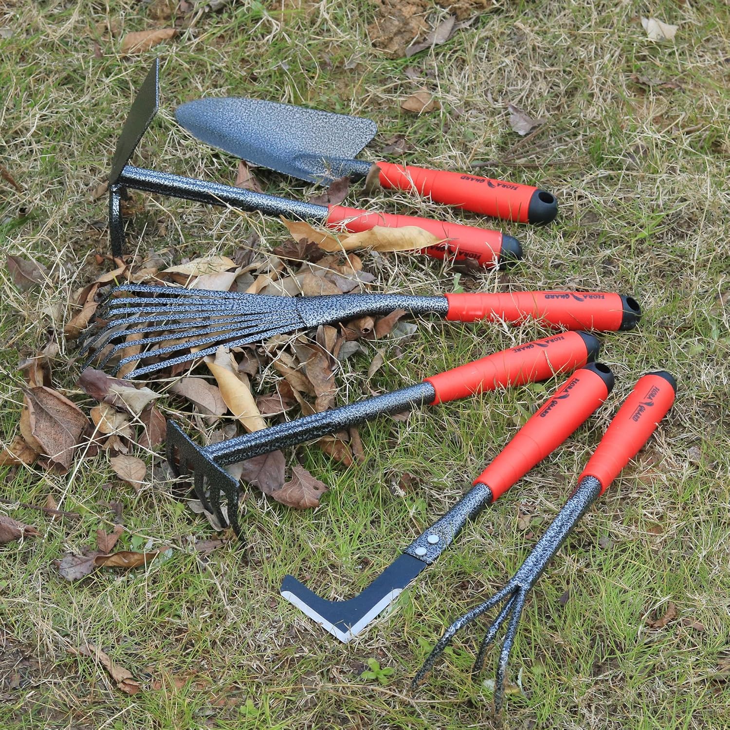 FLORA GUARD 6 Piece Garden Tool Sets - Including Trowel, 5-Teeth rake, 9-Teeth Leaf rake, Double Hoe 3 prongs, Cultivator, Weeder, Gardening Hand Tools with High Carbon Steel Heads : Garden & Outdoor