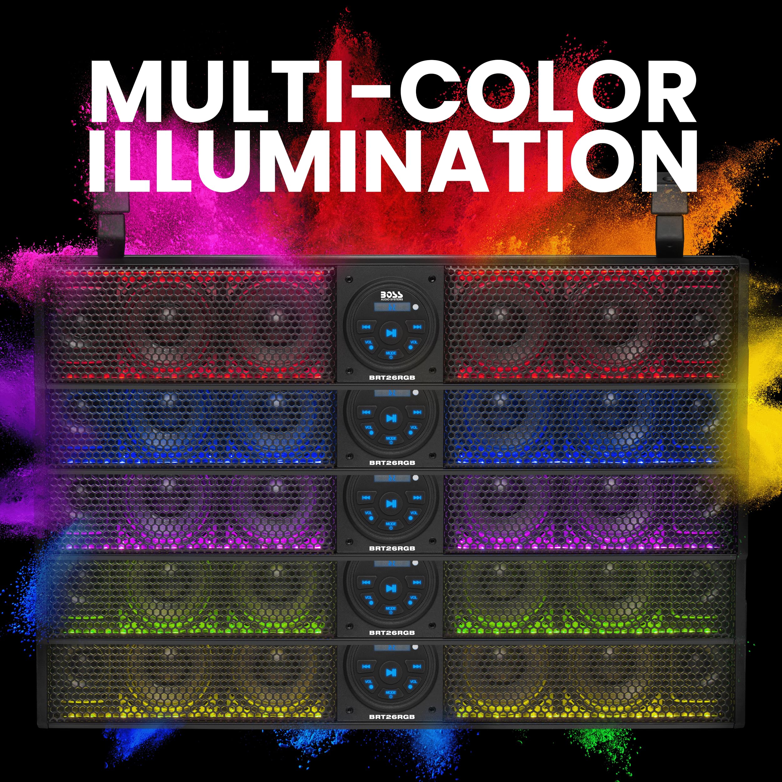 BOSS Audio Systems BRT26RGB ATV UTV Sound Bar - 26 Inches Wide, 4 inch Speakers, 1 Inch Tweeters, IPX5 Weatherproof, Bluetooth, Built-in Amplifier, Multicolor Illumination, Golf Cart Compatible