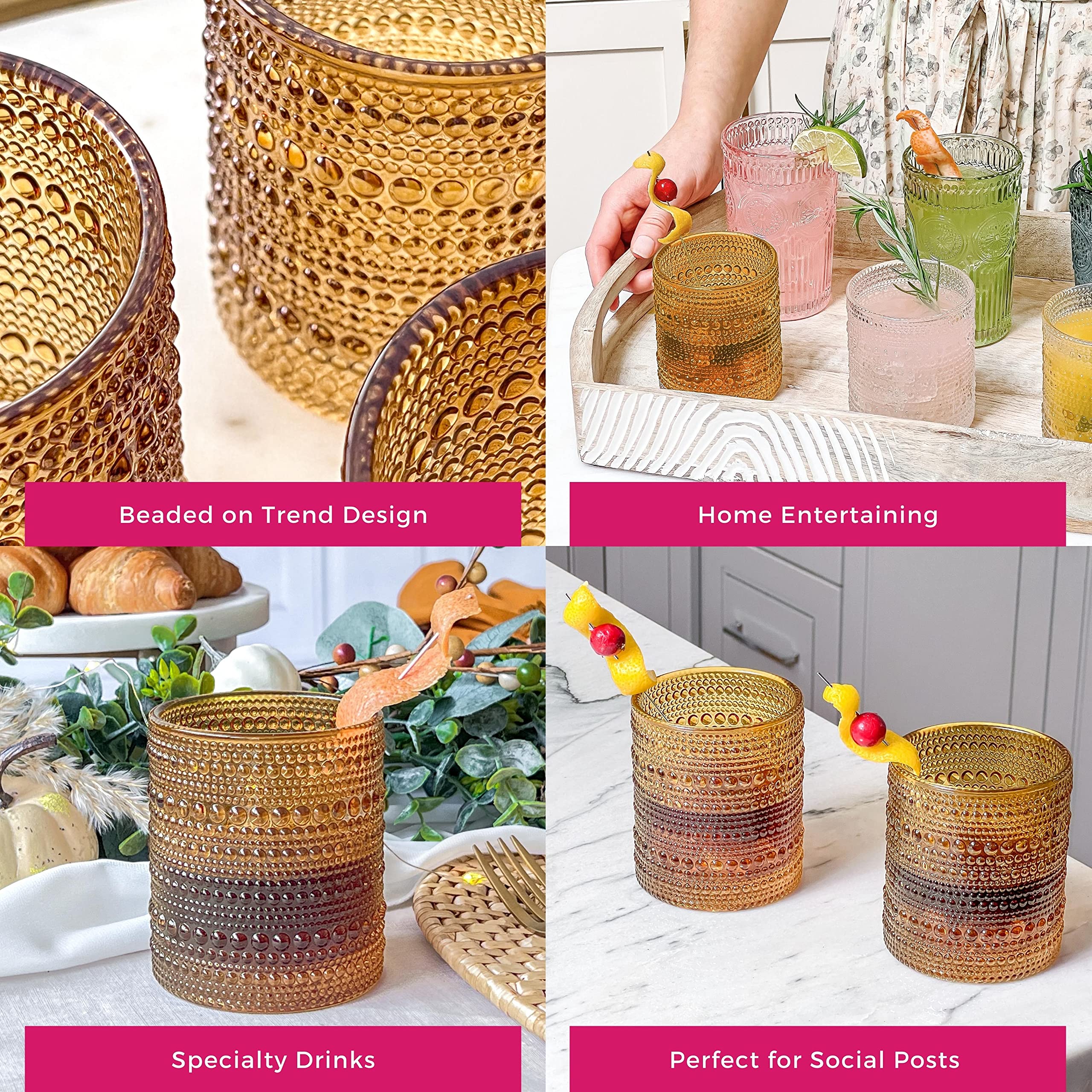 Kate Aspen Beaded Amber Drinking Glasses Set of 6-10 oz Vintage Glassware Set Jupiter Glasses, Cocktail Glass Set, Juice Glass, Water Cups Hostess Gift, Present, Gift for Newlyweds