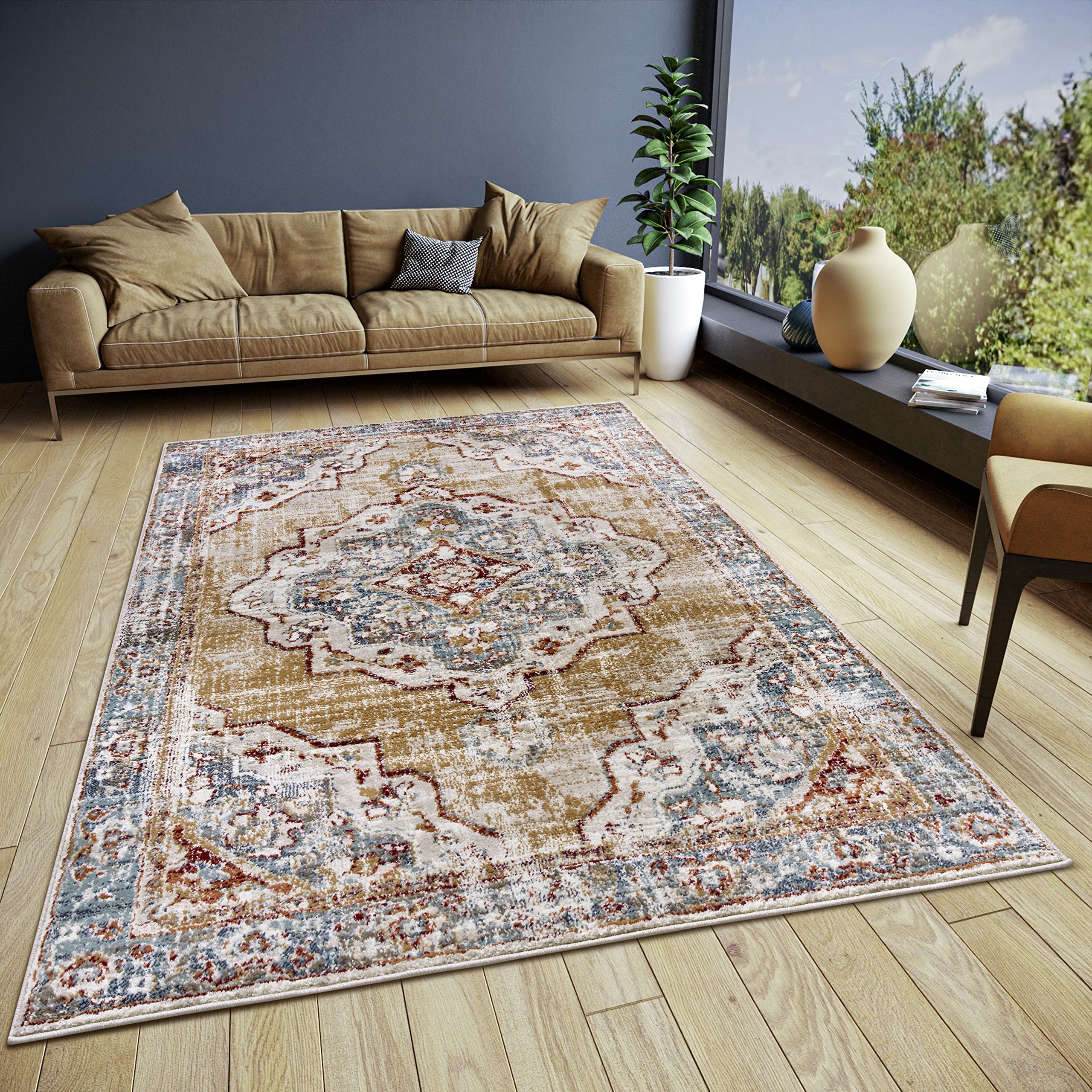 HANSE Home Strozzi Oriental Rug - Oriental Runner Classic Tightly Woven with Ornaments Vintage Look Soft Short Pile for Bedroom, Dining Room, Living Room - Beige Blue, 80 x 120 cm