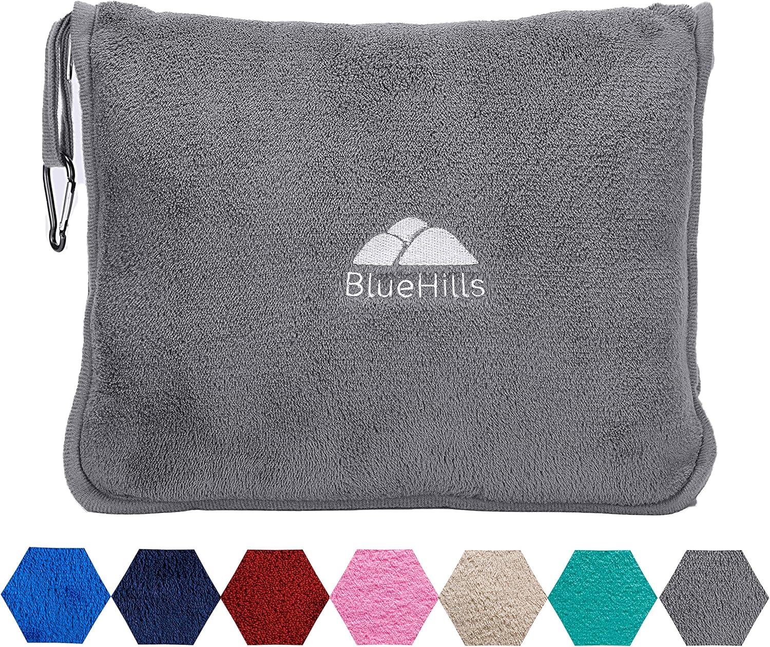 BlueHills Premium Soft Travel Blanket Pillow Airplane Flight Blanket throw in Soft Bag Pillow case with Hand Luggage Belt and Backpack Clip Compact Pack Large Blanket for Travel Grey Color (Gray T007)
