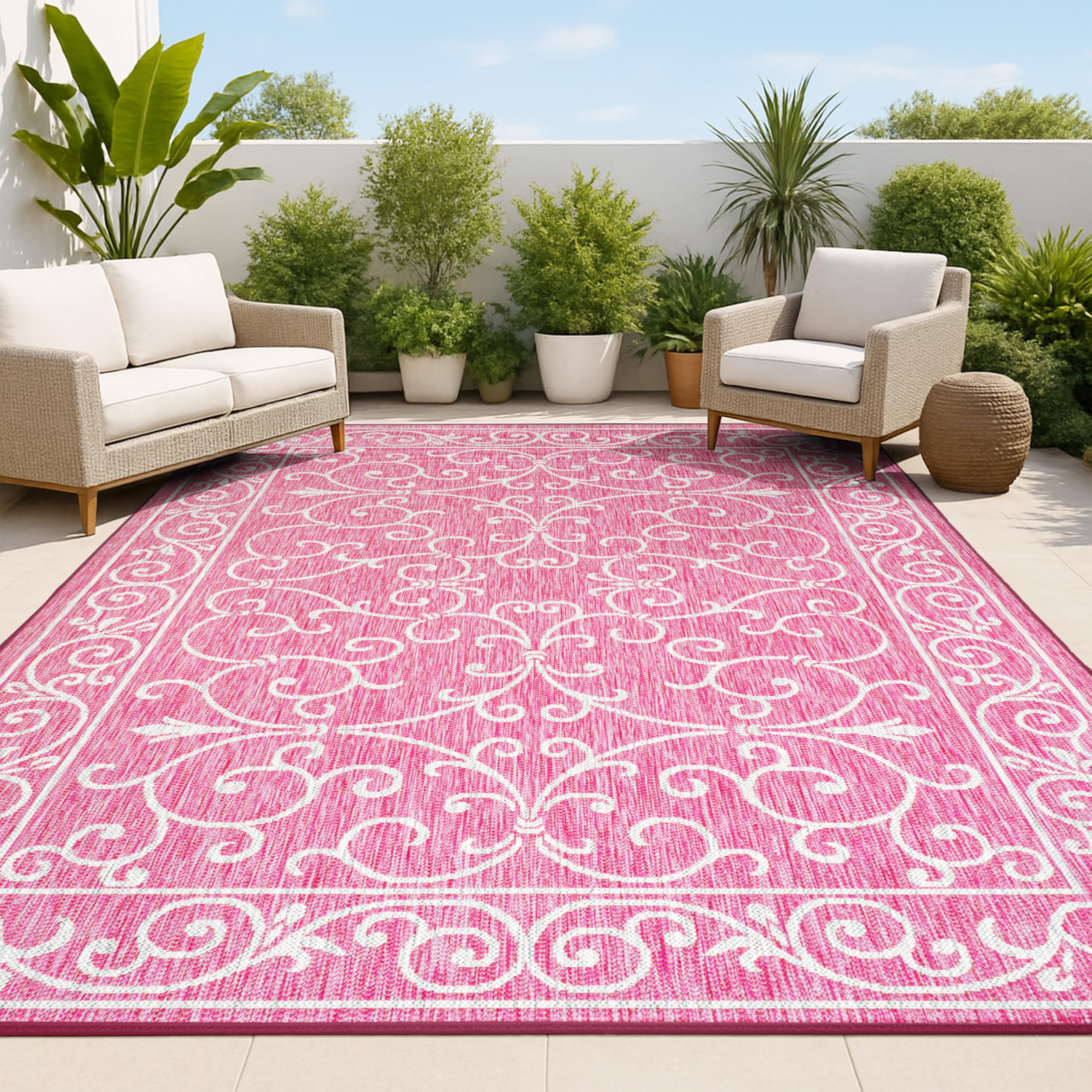 JONATHAN Y Vintage Filigree Indoor Outdoor Area Rug 9X12 Fuchsia/Light Gray, Charleston Textured Weave for Backyard, Patio, Porch, Easy-Cleaning, High Traffic, Pet-Friendly, Non-Shedding (SMB106J-9) Image