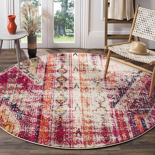 Safavieh Monaco Collection MNC222D Boho Chic Tribal Distressed Area Rug, 6'7" x 6'7" Round, Magenta / Multi