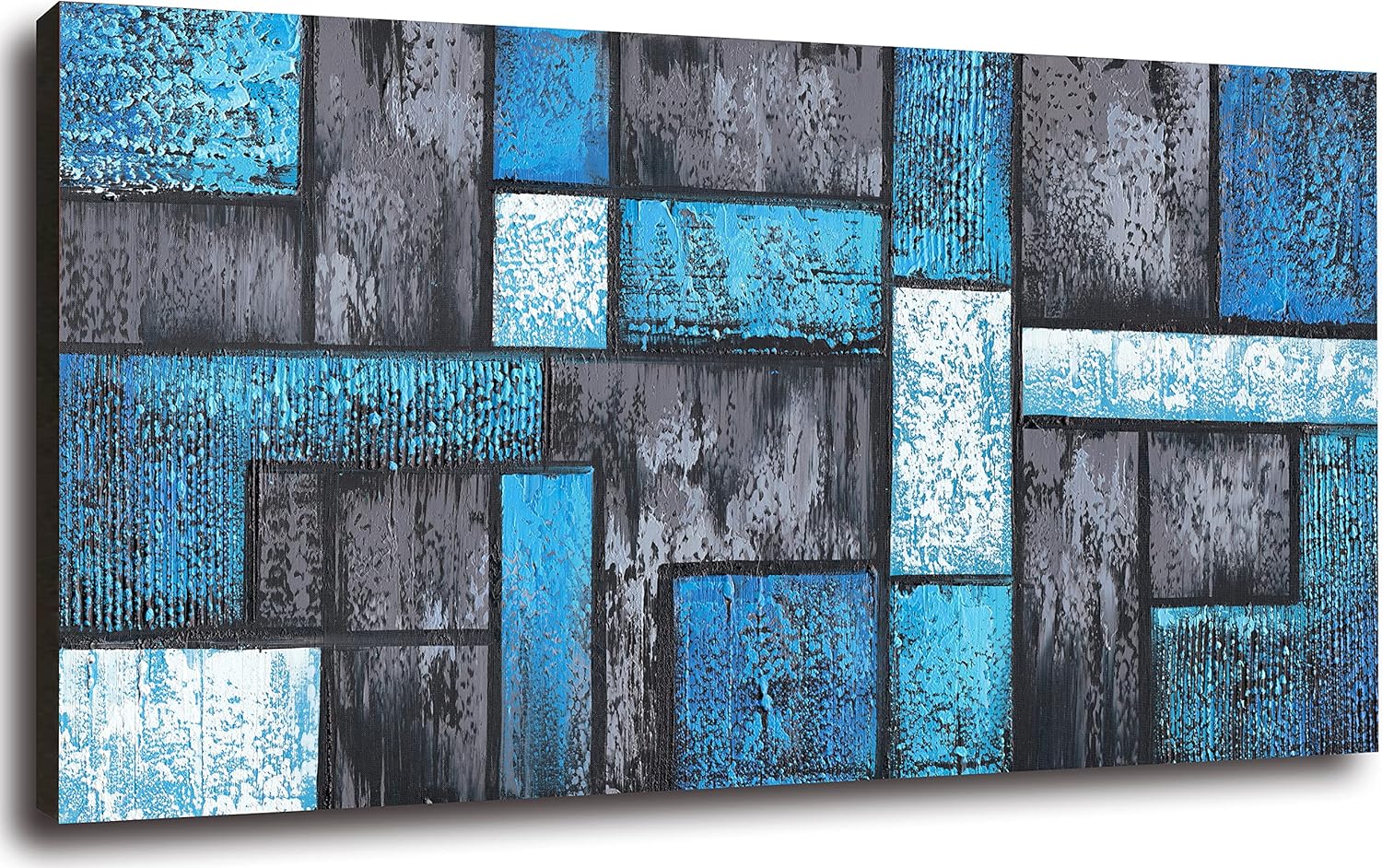 Paintings - Gongyuanyihao Arts Large Abstract Blue Black White Textured Canvas Wall Art Modern Squares Oil Painting for Home Decoration Framed Ready to Hang 60x30inch