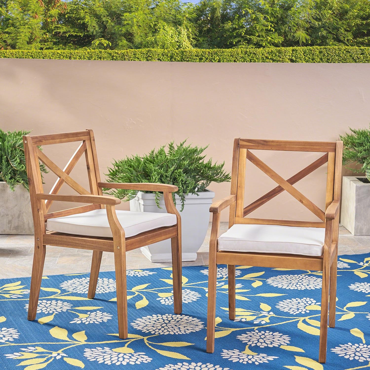 Christopher Knight Home 304680 Peter | Outdoor Acacia Wood Dining Chair Set of 2, Teak/Cream Cushion : Garden & Outdoor